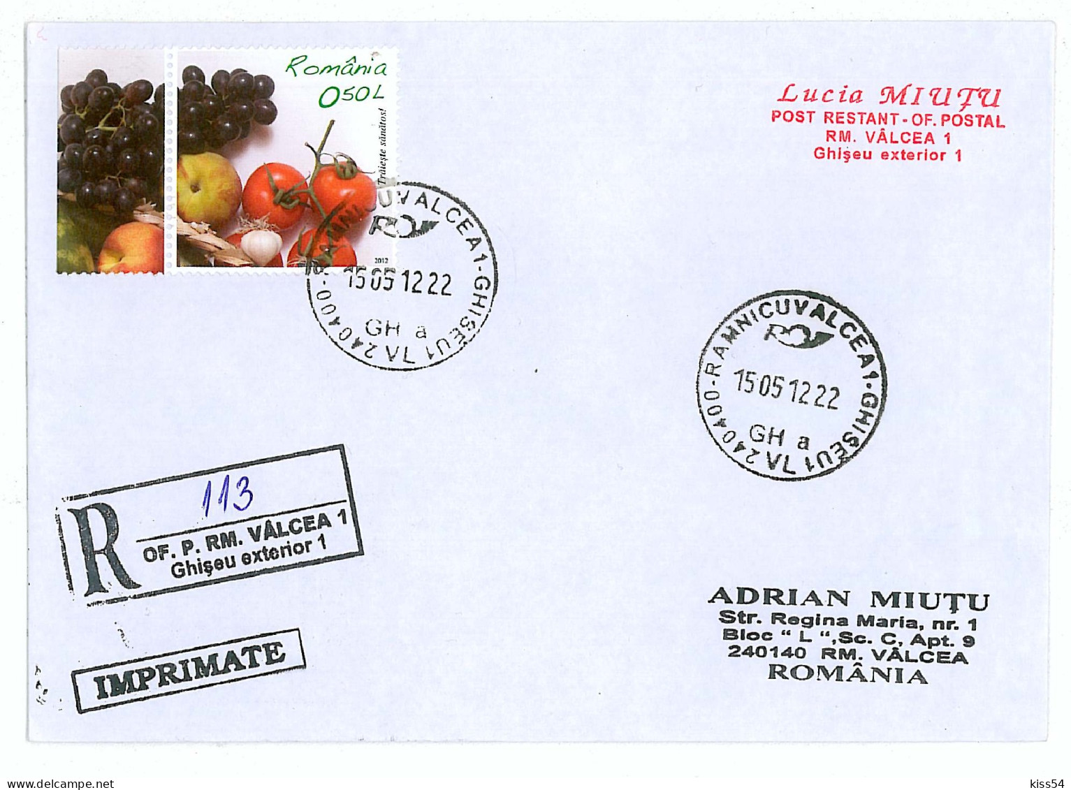 CP 21 - 113-a Fruit, GRAPE, PEACH, Romania - Registered, Stamp With TABS - 2012 - Briefe U. Dokumente