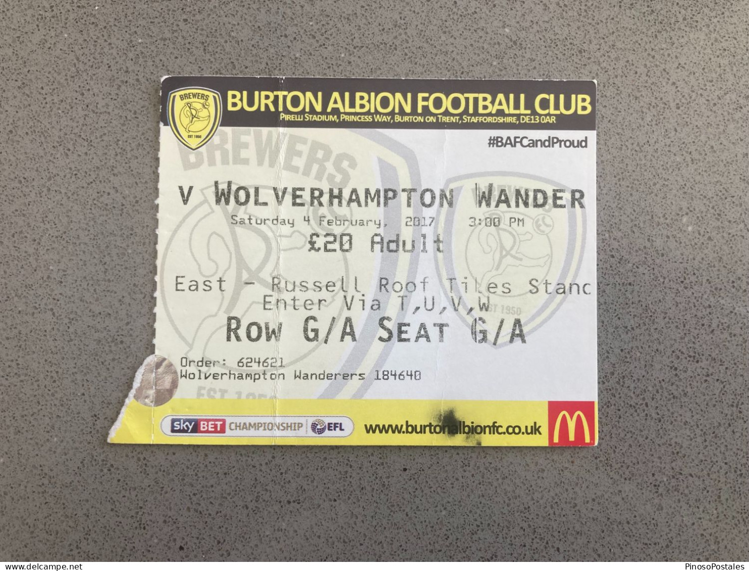 Burton Albion V Wolverhampton Wanderers 2016-17 Match Ticket - Tickets & Toegangskaarten