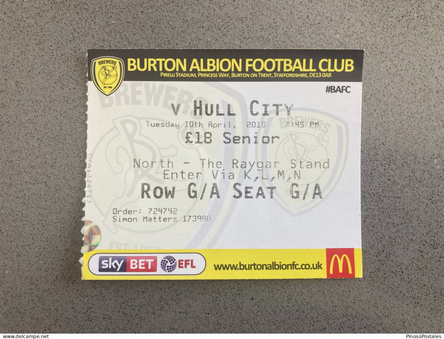 Burton Albion V Hull City 2017-18 Match Ticket - Tickets & Toegangskaarten