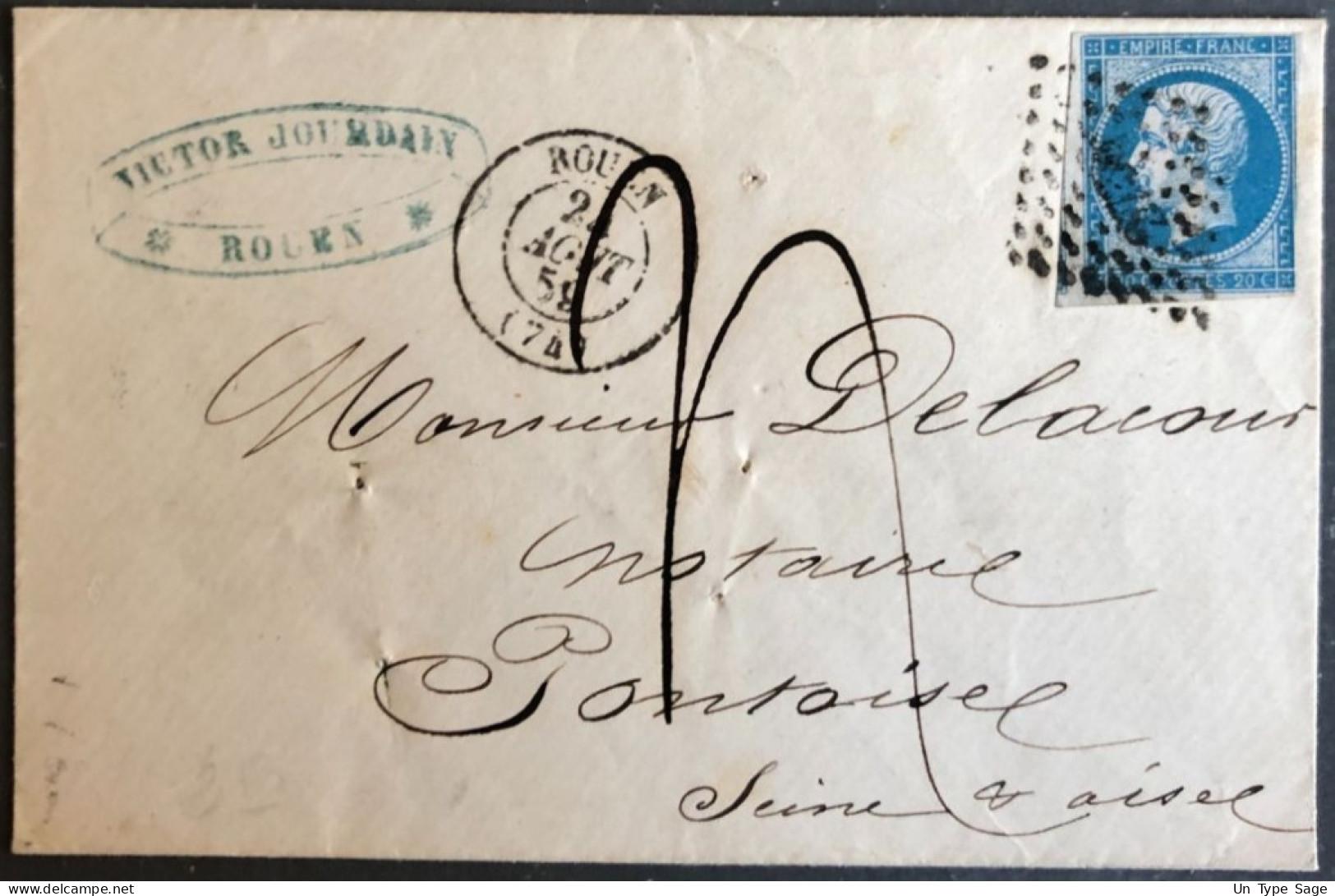 France, N°14 Sur Enveloppe Taxée ROUEN, Cachet Du 24.8.1859 - (B2642) - 1849-1876: Klassieke Periode