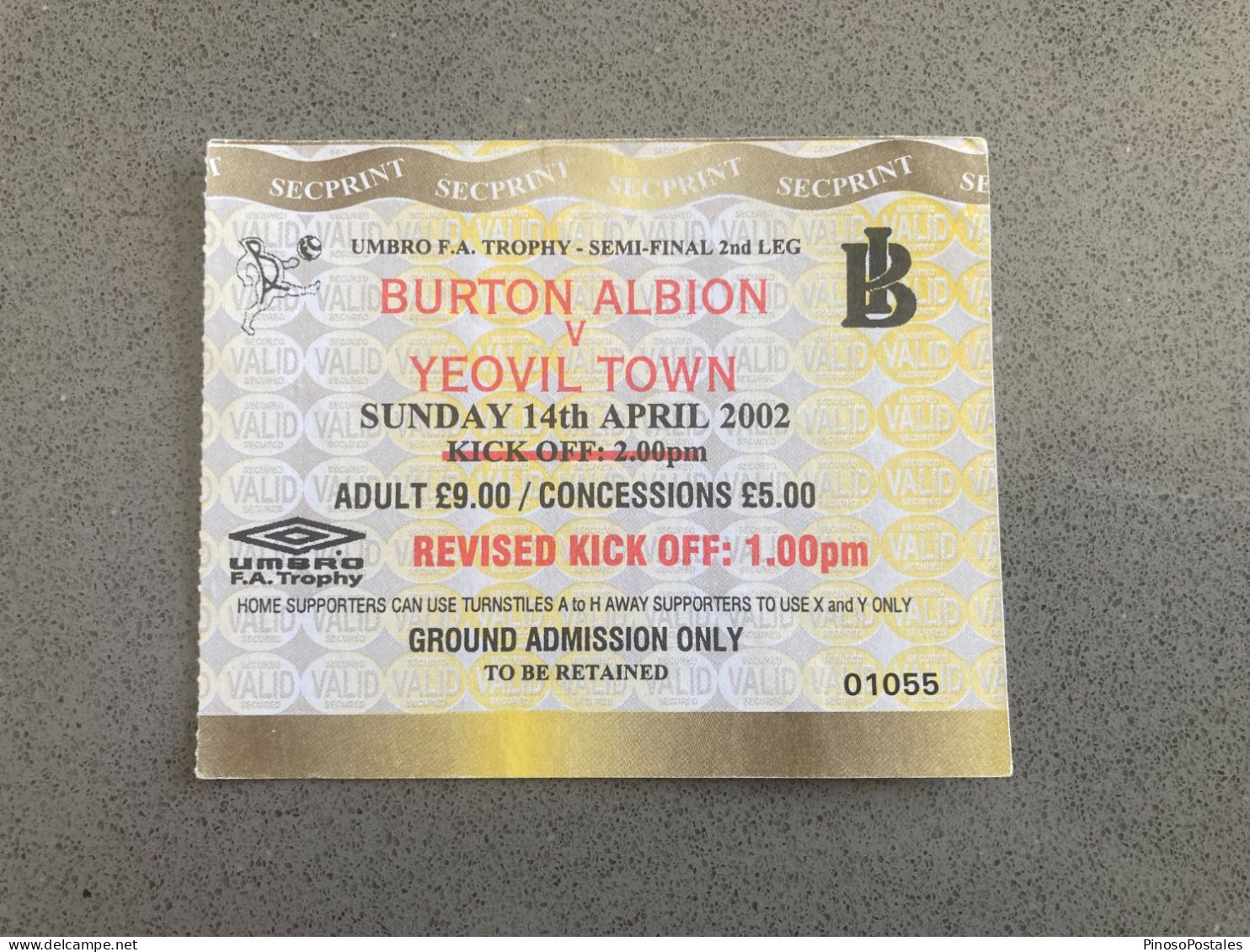 Burton Albion V Yeovil Town 2001-02 Match Ticket - Tickets & Toegangskaarten