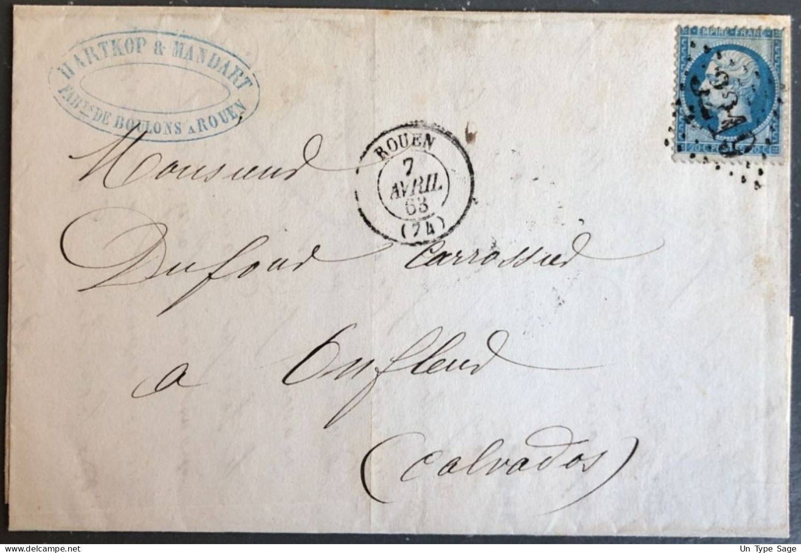France, N°22 Sur Enveloppe ROUEN, Cachet Du 7.4.1863 - (B2643) - 1849-1876: Classic Period
