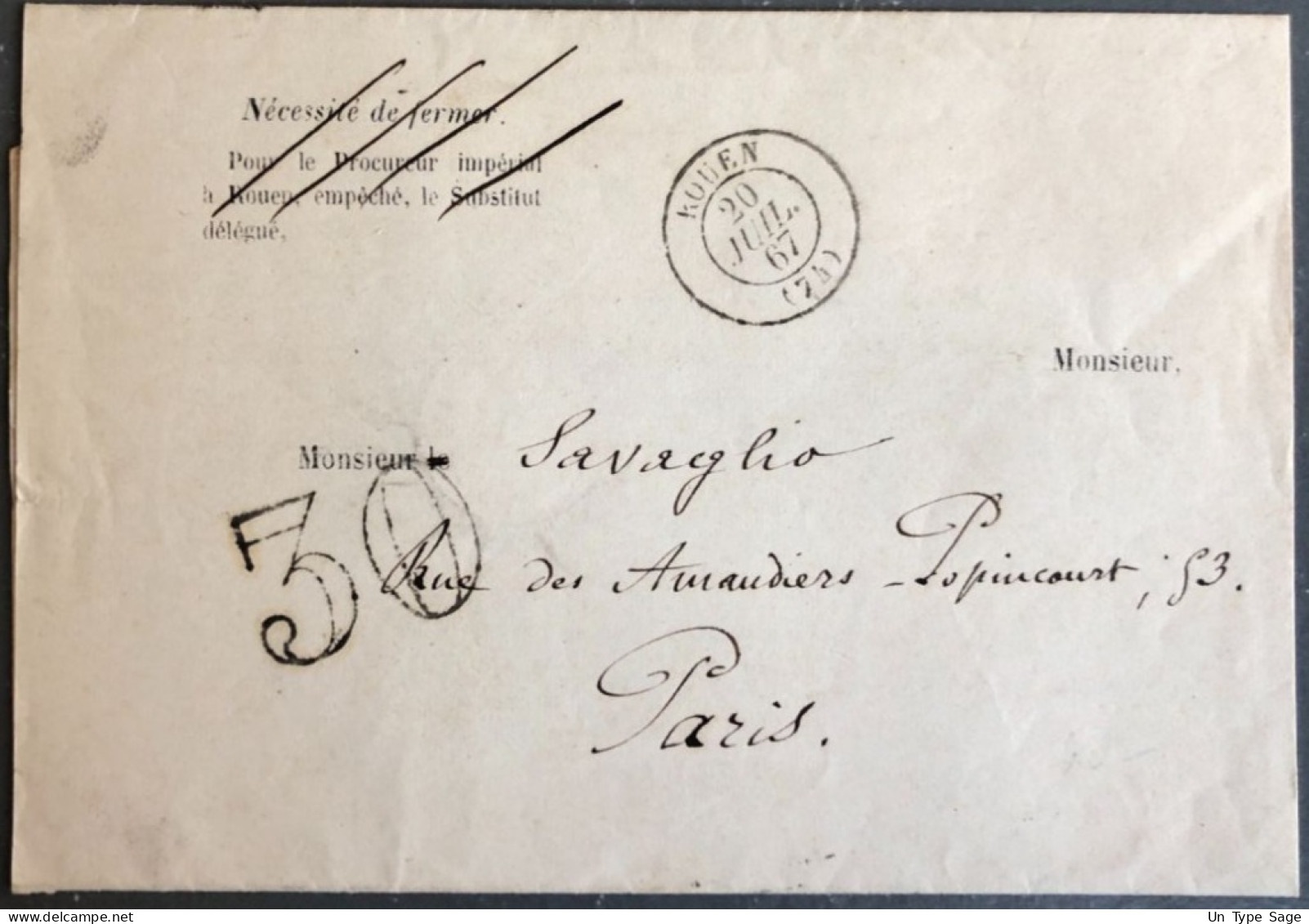 France, Enveloppe ROUEN, Cachet Du 20.7.1867 - Taxe Double Trait 30 - (B2645) - 1849-1876: Période Classique