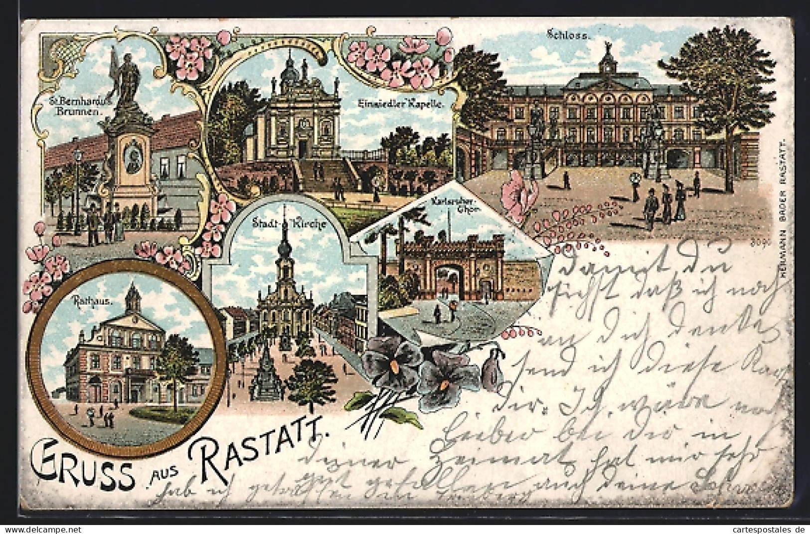 Lithographie Rastatt, Schloss, Karlsruher-Chor, Einsiedler Kapelle, Rathasu, St. Bernardus Brunnen  - Rastatt