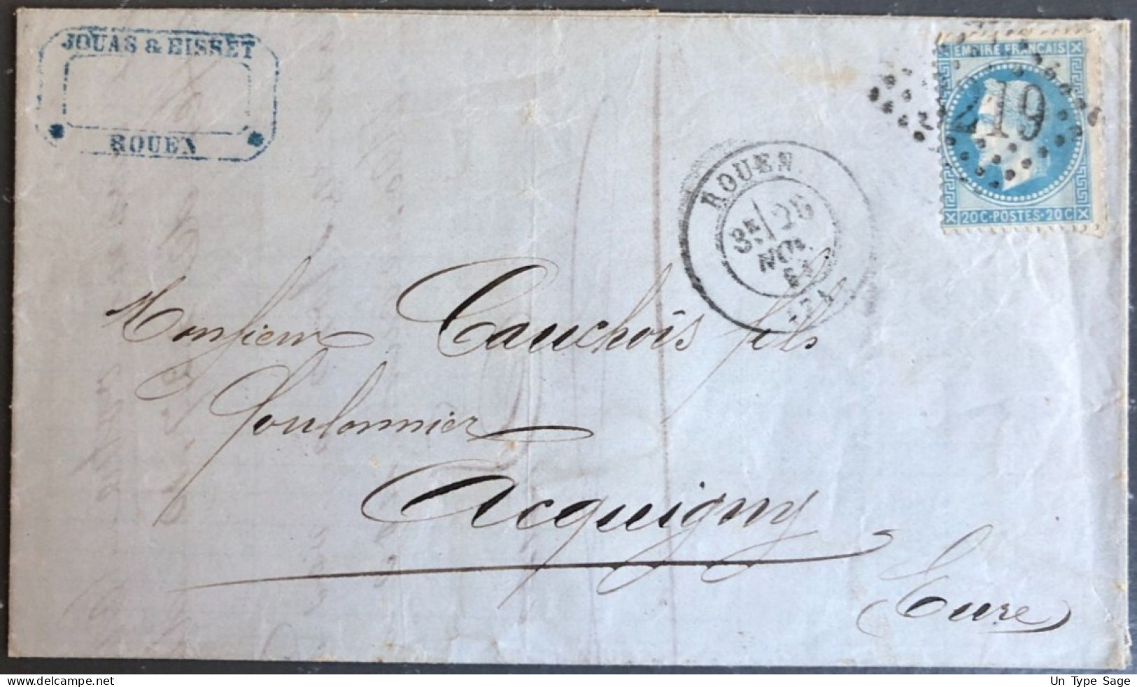 France, N°29 Sur Lettre De ROUEN, Cachet Du 25.11.1868 - (B2662) - 1849-1876: Klassik