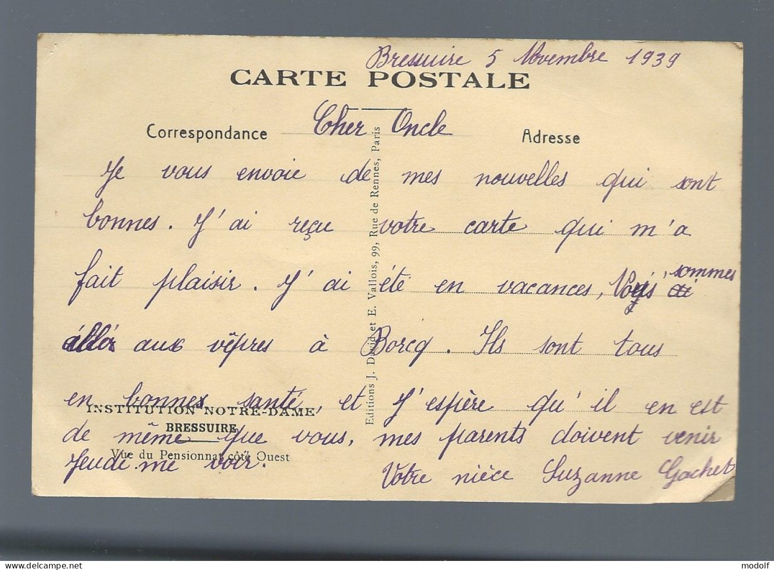 CPA - 79 - Bressuire - Institution Notre-Dame - Vue Du Pensionnat Côté Ouest - Circulée En 1939 (coin Plié) - Bressuire