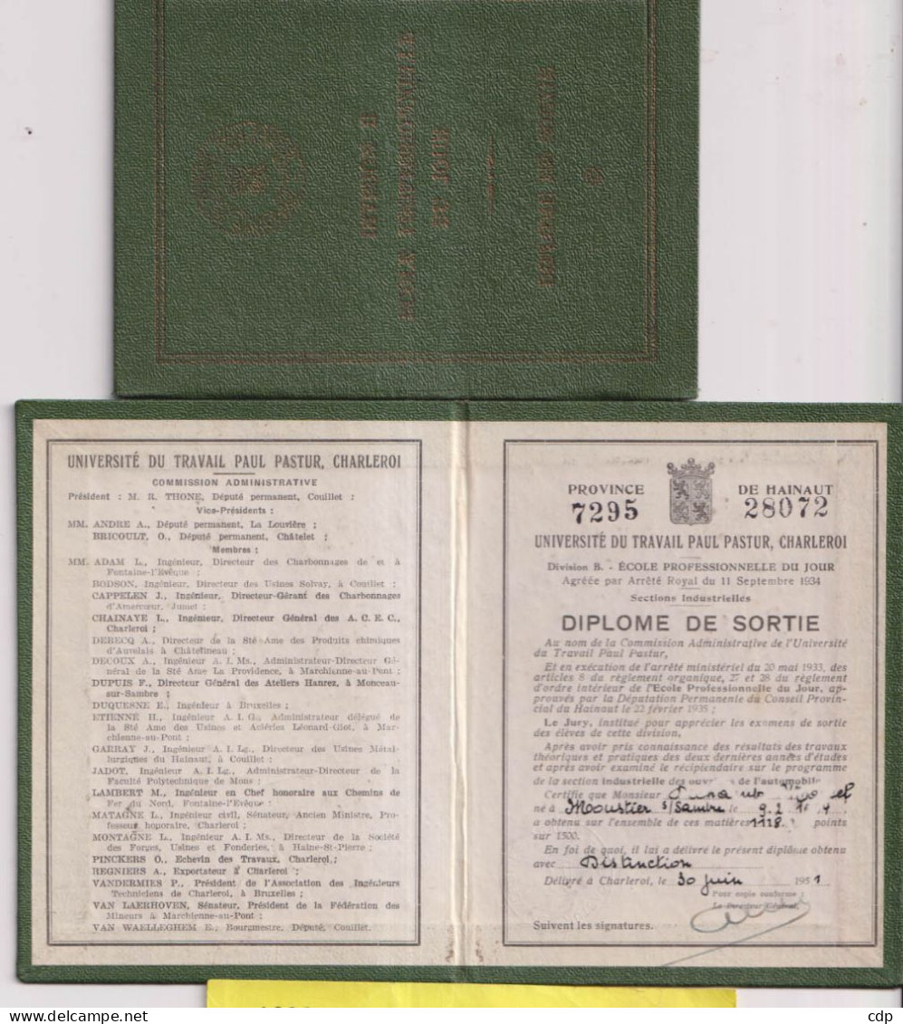 Lot 2 Diplomes De Sortie UT Charleroi  1951 - Diplômes & Bulletins Scolaires
