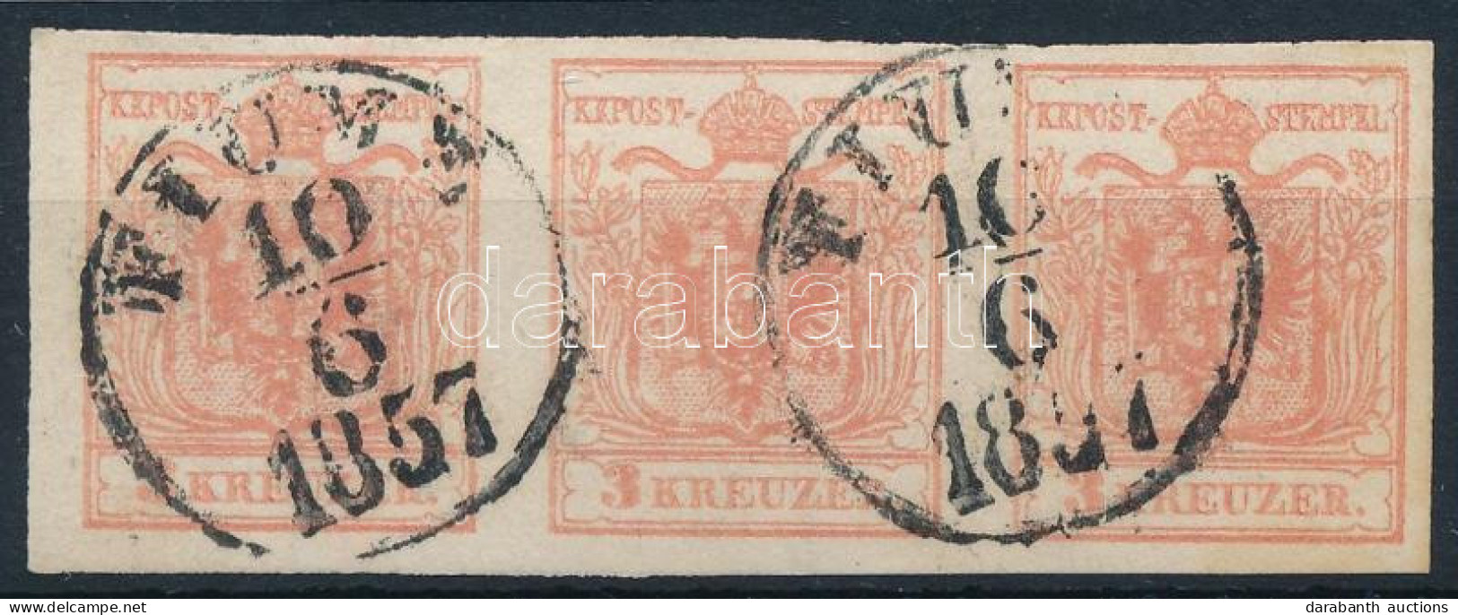 O 1850 3kr MP III. Hármascsík, A 2 Jobb Oldali Között Hajtva / 3kr Type MP III. Stripe Of 3, Folded Between The 2nd And  - Andere & Zonder Classificatie