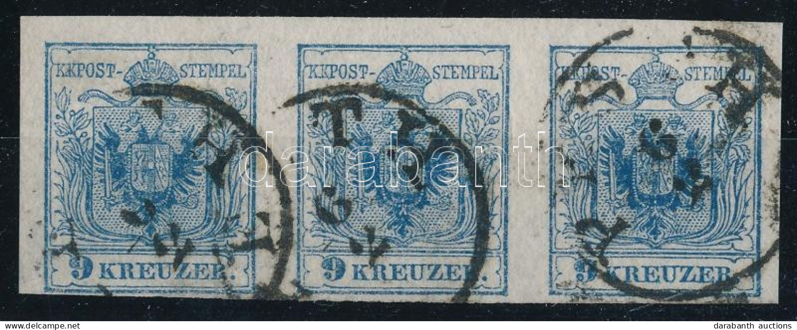 O 1850 9kr HP IIIb. Kék Vízszintes Hármascsík / Type HP IIIb. Blue Stripe Of 3. "PESTH" Certificate: Strakosch (ANK EUR  - Autres & Non Classés