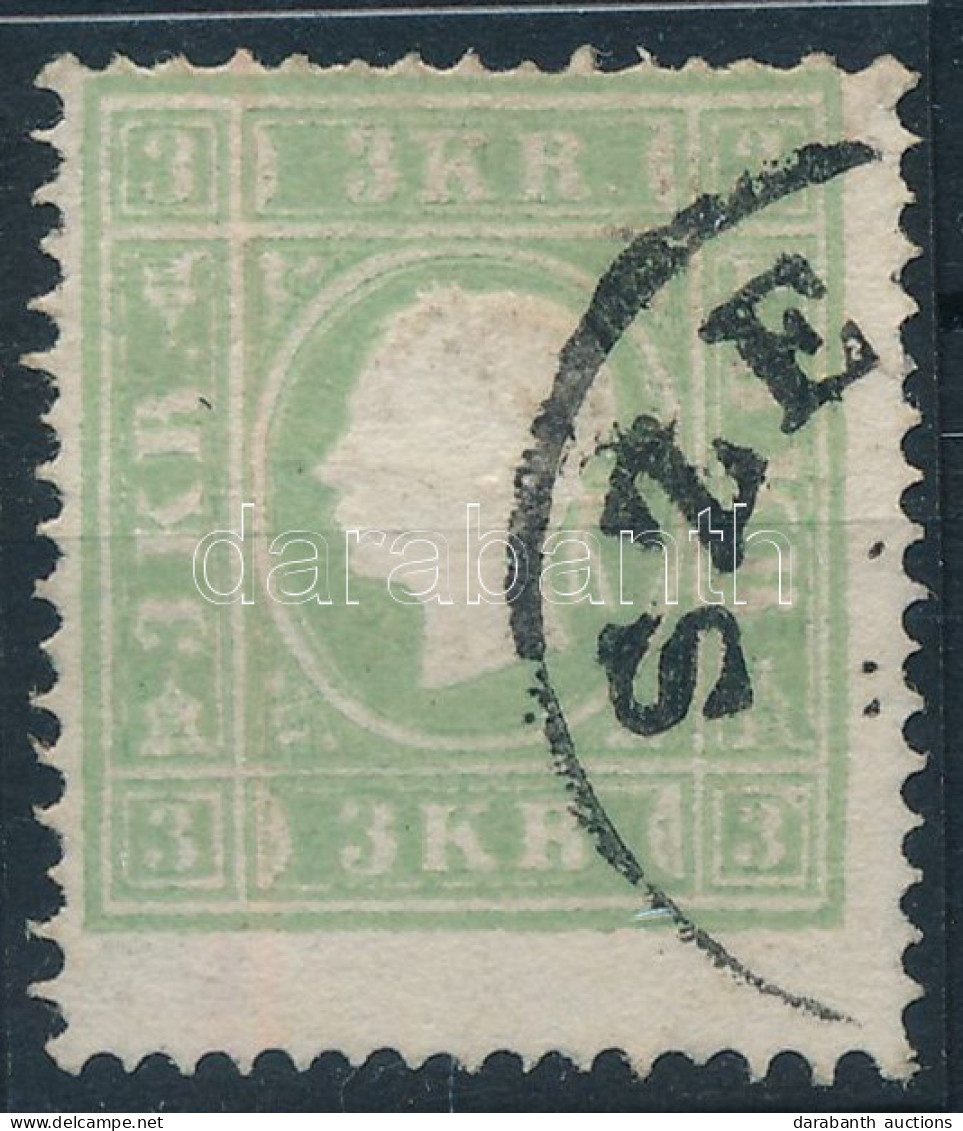 O 1858 3kr II. Sárgás Zöld, Alsó ívszéli Darab (?), Erősen Elfogazva / 3kr II. Yellowish Green, Margin Piece (?), With S - Other & Unclassified