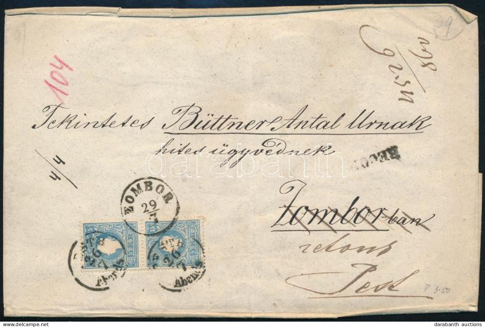 ~1859 2 X 15kr és 10kr Ajánlott Levélen, Visszaküldve / On Registered Cover, Returned "PESTH / Abends" - "ZOMBOR" - "PES - Sonstige & Ohne Zuordnung