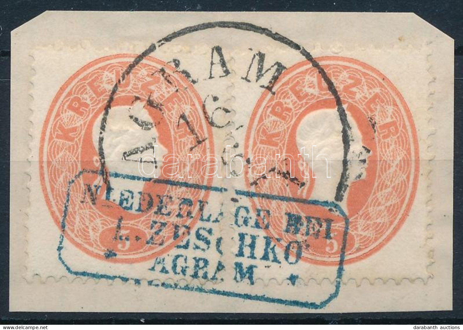 1861 2 X 5kr Kivágáson, "AGRAM" + Kék Cégbélyegzős Előérvénytelenítéssel. Ritka Szép Darab! / 1861 2 X 5kr On Cutting, " - Sonstige & Ohne Zuordnung