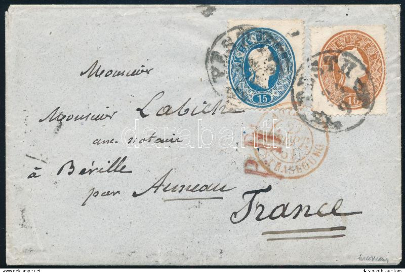 1861 Szép Kis Alakú Levél 10kr és 15k Bélyeggel Franciaországba Küldve / 10kr + 15kr On Cover To France "PESTH" - Andere & Zonder Classificatie