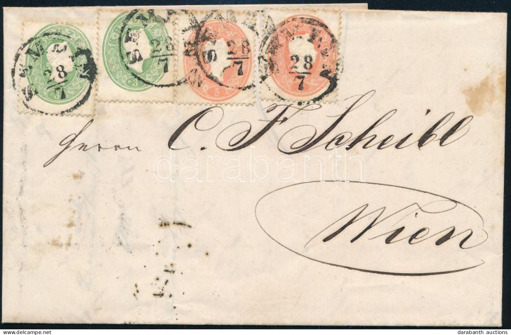 1862 2 X 3kr + 2 X 5kr Levélen / On Cover "SEMLIN" - Wien - Sonstige & Ohne Zuordnung