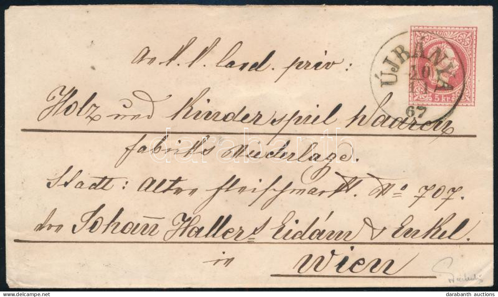 1867 5kr Díjjegyes Boríték / PS-cover "ÚJBÁNYA" (Ryan 600 P) - "NYITRA" - Wien. Certificate: Ferchenbauer - Sonstige & Ohne Zuordnung