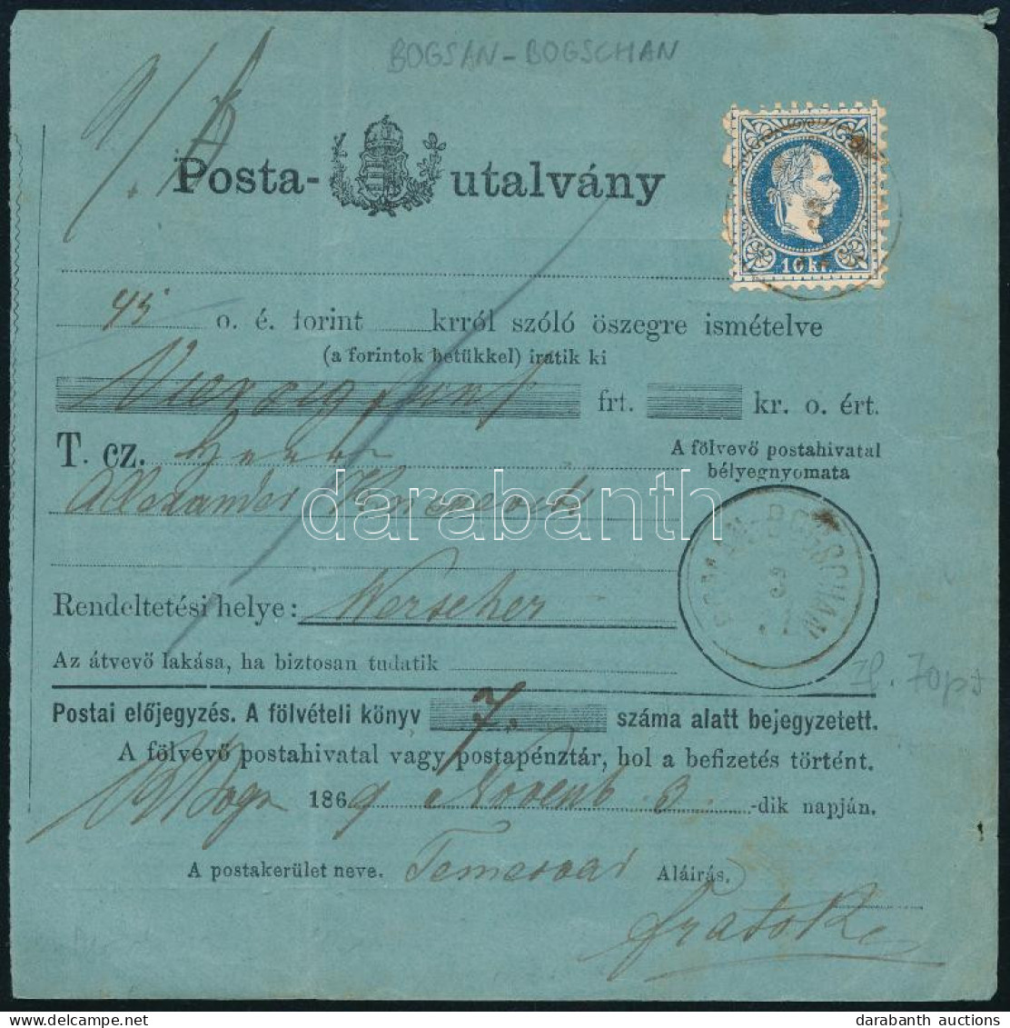 1869 Postautalvány 10kr Bérmentesítéssel / Money Order "ROMÁN-BOGSÁN" - Werschecz - Altri & Non Classificati