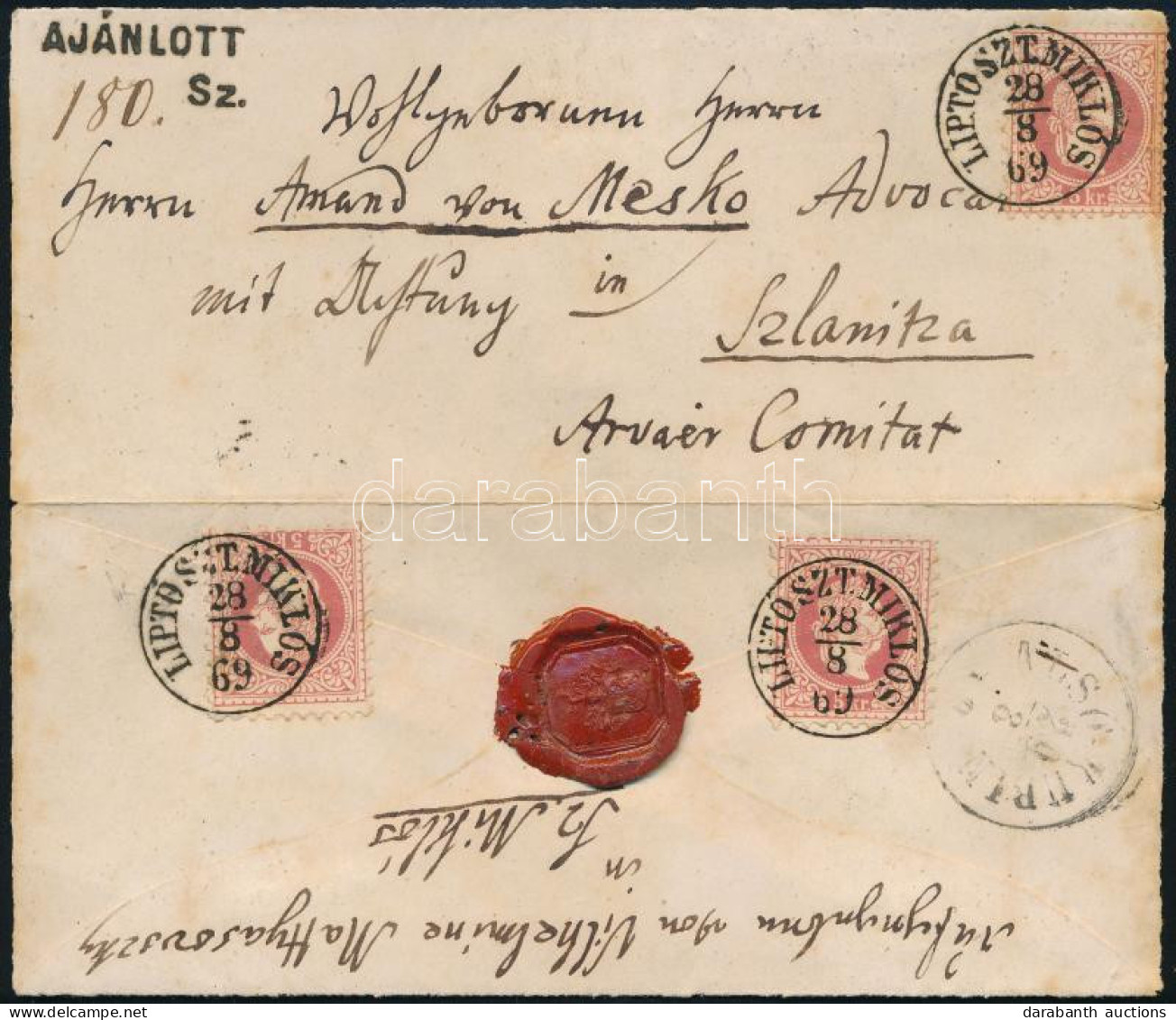 1869 3 X 5kr Ajánlott Levélen. Szép Friss Kiállítási Darab! / 3 X 5kr On Registered Cover "LIPTÓ SZT.MIKLÓS" - Szlanitza - Andere & Zonder Classificatie