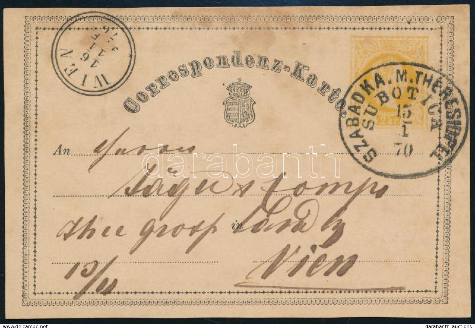 1870 2kr Díjjegyes Levelezőlap / PS-card "SZABADKA. M. THÉRESIOPEL SUBOTICA" - Wien - Andere & Zonder Classificatie