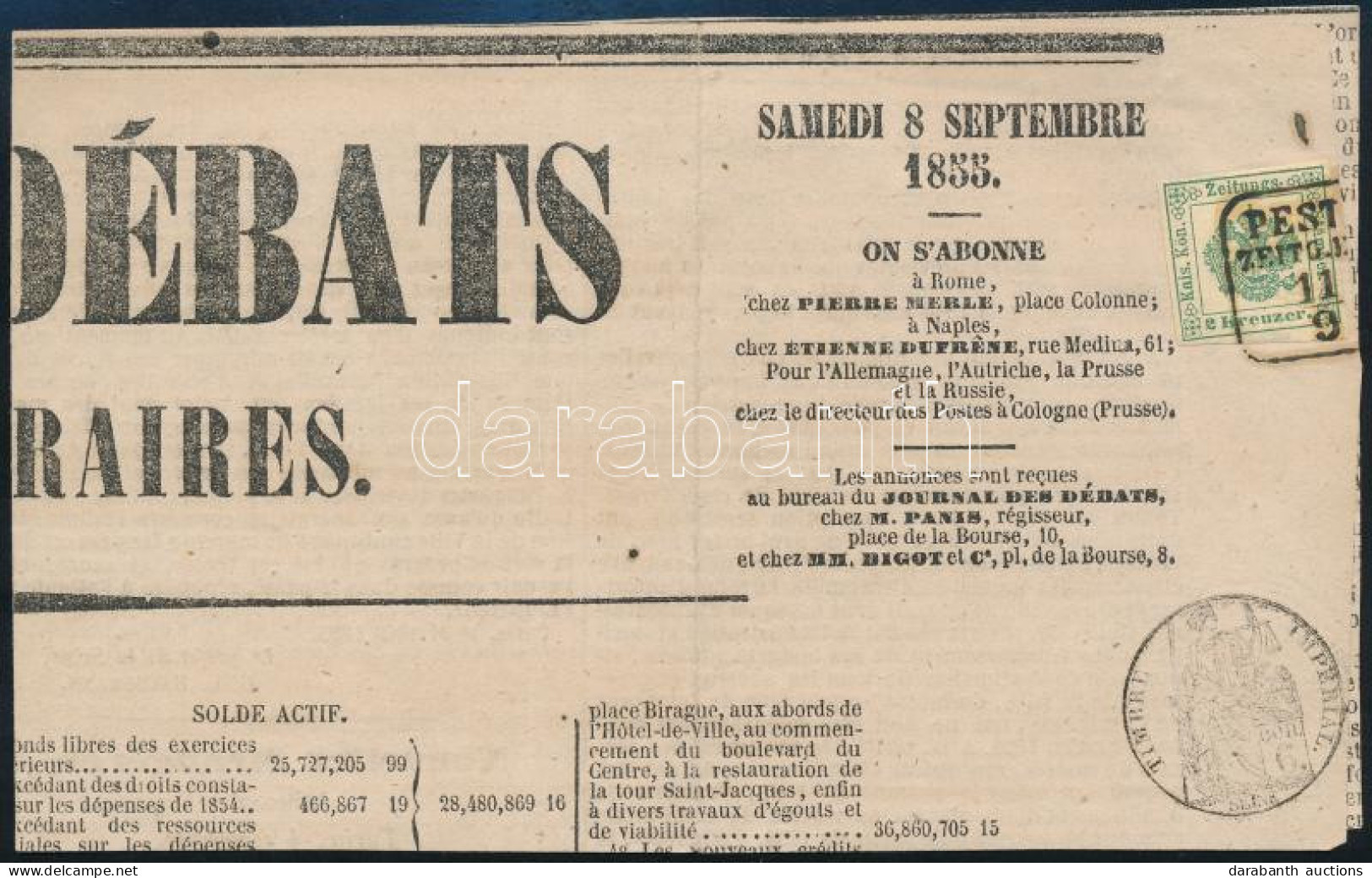 1853 Hírlapilleték Bélyeg 2kr Szép Szélekkel Francia újság Darabon / Newspaper Stamp 2kr With Nice Margins On A Piece Of - Autres & Non Classés