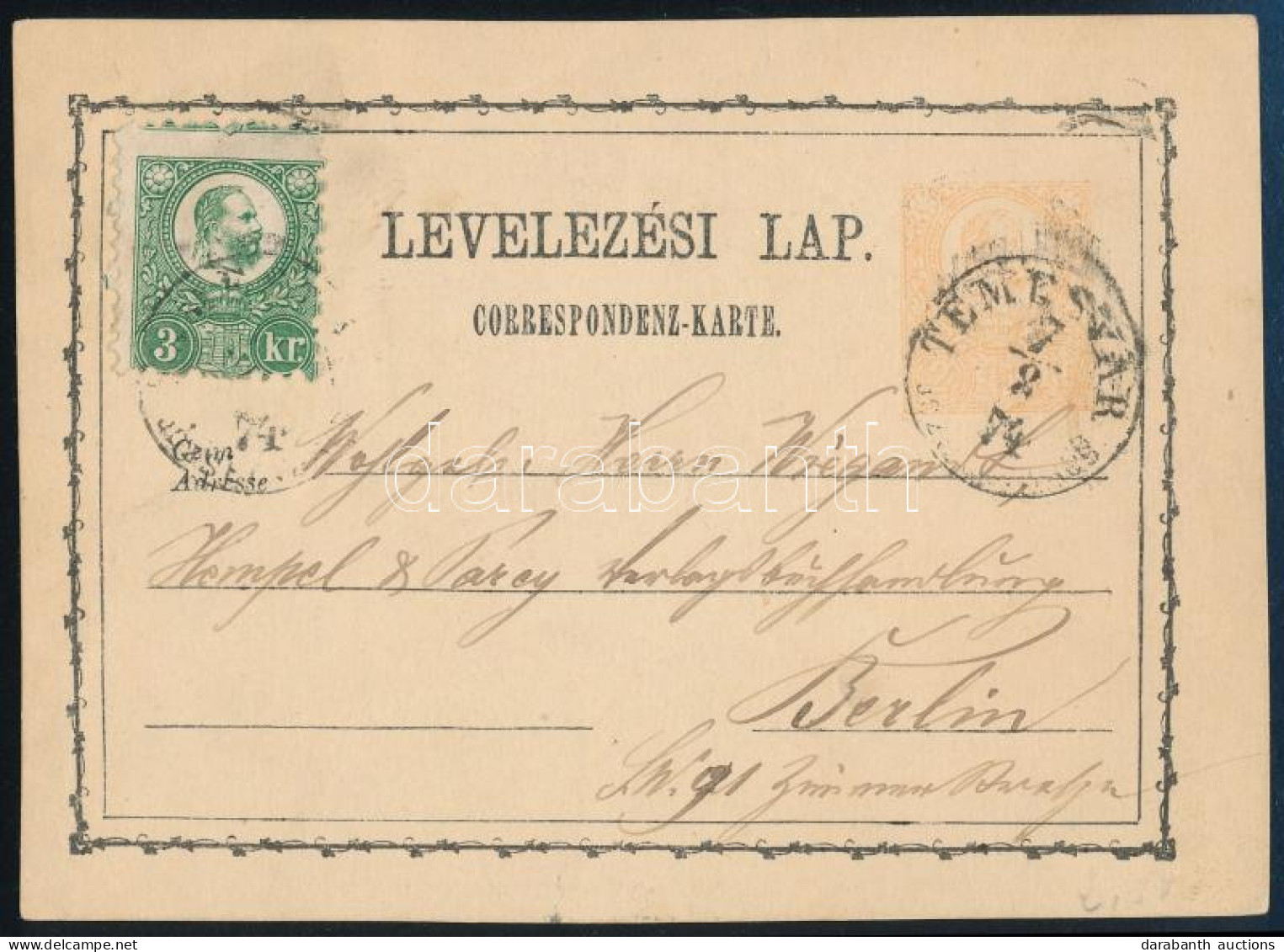 1874 2kr Díjjegyes Levelezőlap Réznyomat 3kr Kiegészítéssel Berlinbe / 2kr PS-card With 3kr Additional Franking "TEMESVÁ - Sonstige & Ohne Zuordnung