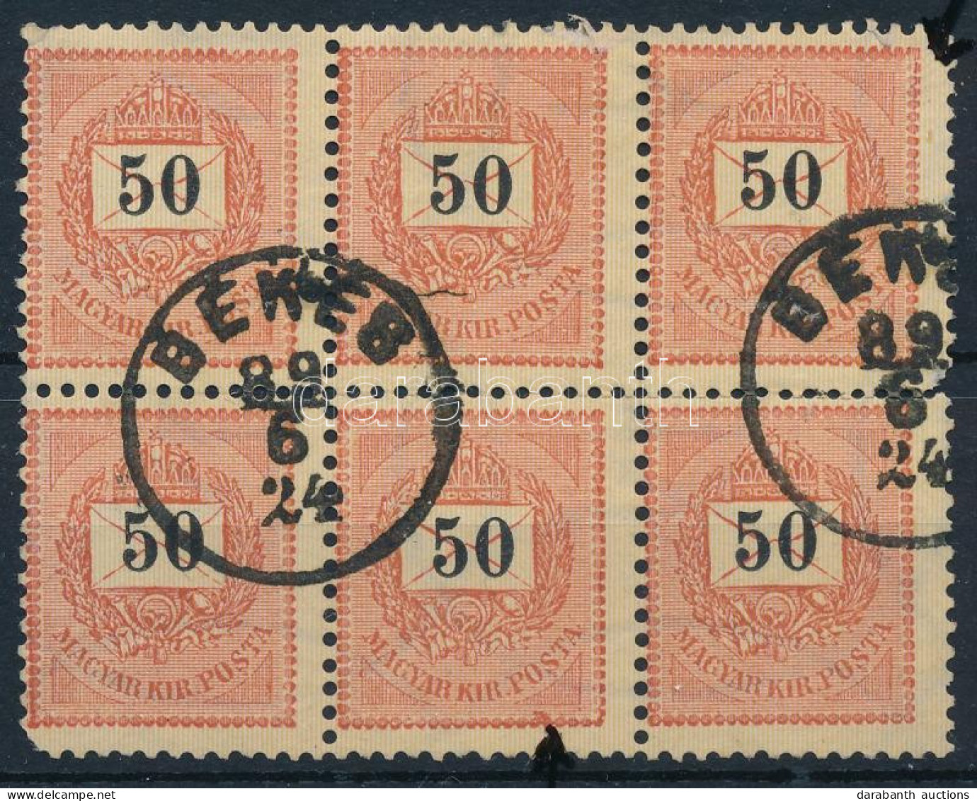 O 1889 50kr Hatostömb Lemezösszefüggés, 2 Lemezhibával, Nagyon Ritka (hiányzó Sarok) / Block Of 6 With Plate Flaws (miss - Andere & Zonder Classificatie