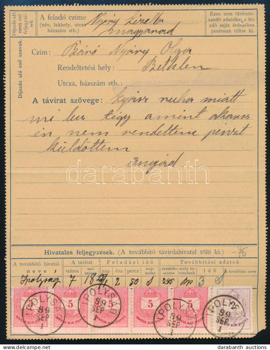 1889 35kr Díjjegyes Távirat 5kr ötöscsík Elfogazva + 2kr Bélyegekkel / 35kr PS-telegram With 5kr Shifted Stripe Of 5 + 2 - Autres & Non Classés