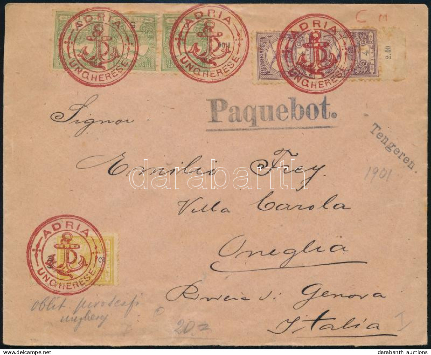 1901 Peterdi Hajóposta Levél 6 Db Turul Bélyeggel Bérmentesítve. Látványos, Szép Darab! / Peterdy Sea Mail Cover With 6  - Otros & Sin Clasificación