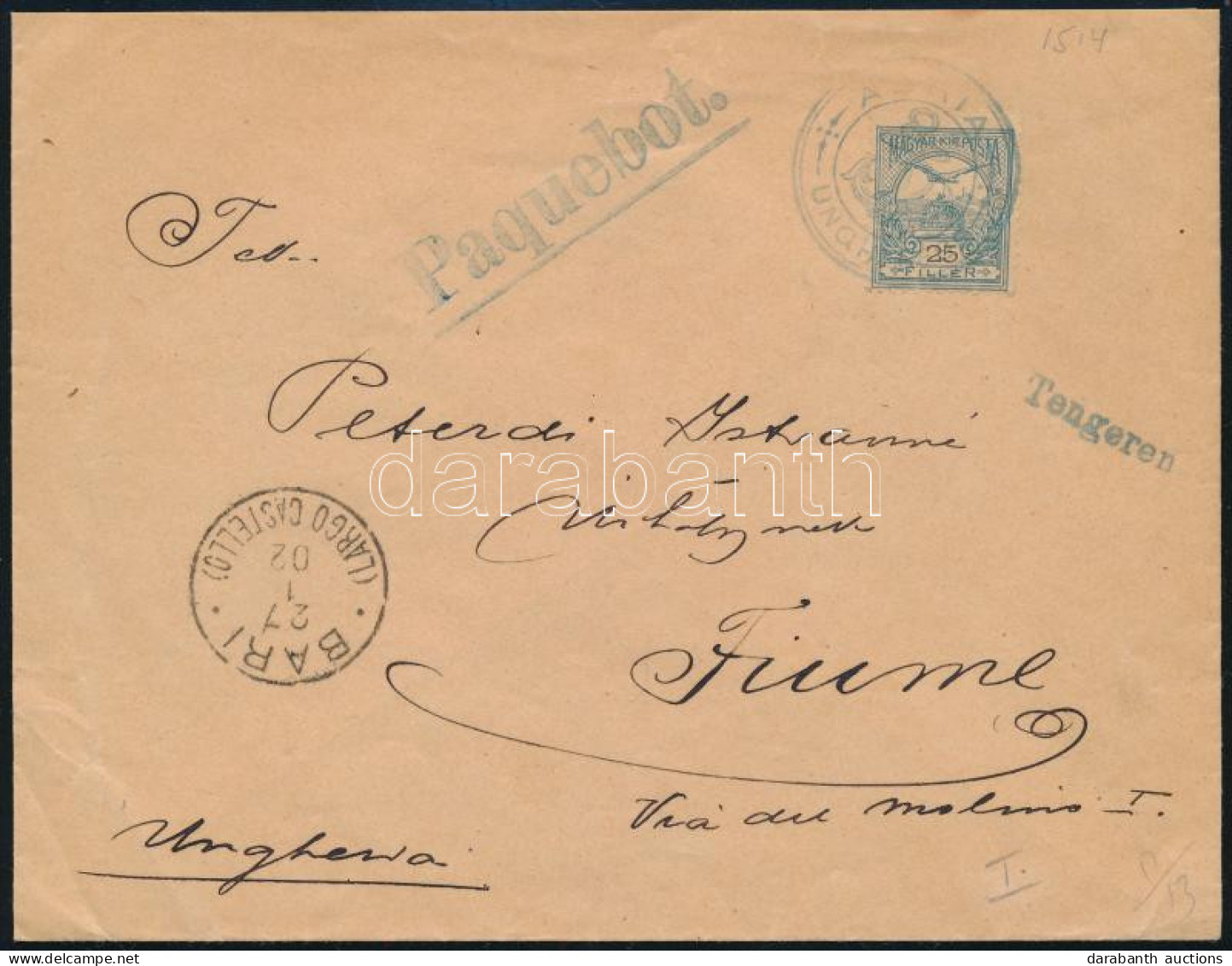 1902 Peterdi Hajóposta Levél Bariból Fiumébe / Peterdy Sea Mail Cover From Bari To Fiume, Kék / Blue "ADRIA / UNGHERESE" - Altri & Non Classificati