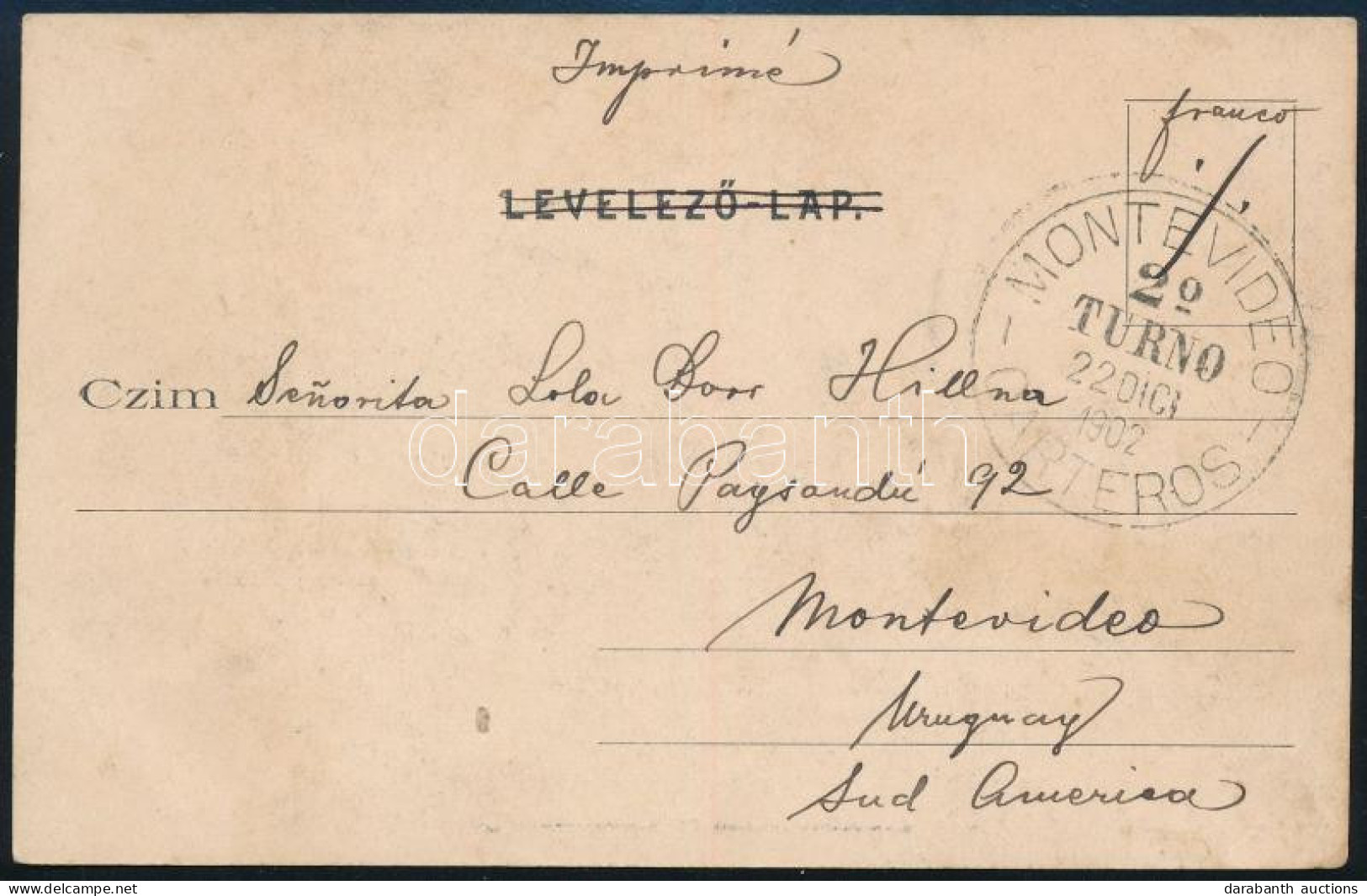 1902 TCV Képeslap Turul 2f és 3f Bérmentesítéssel Uruguayba, "BUDAPEST-GYŐR-BÉCS" Mozgóposta Bélyegzéssel / TCV Postcard - Autres & Non Classés