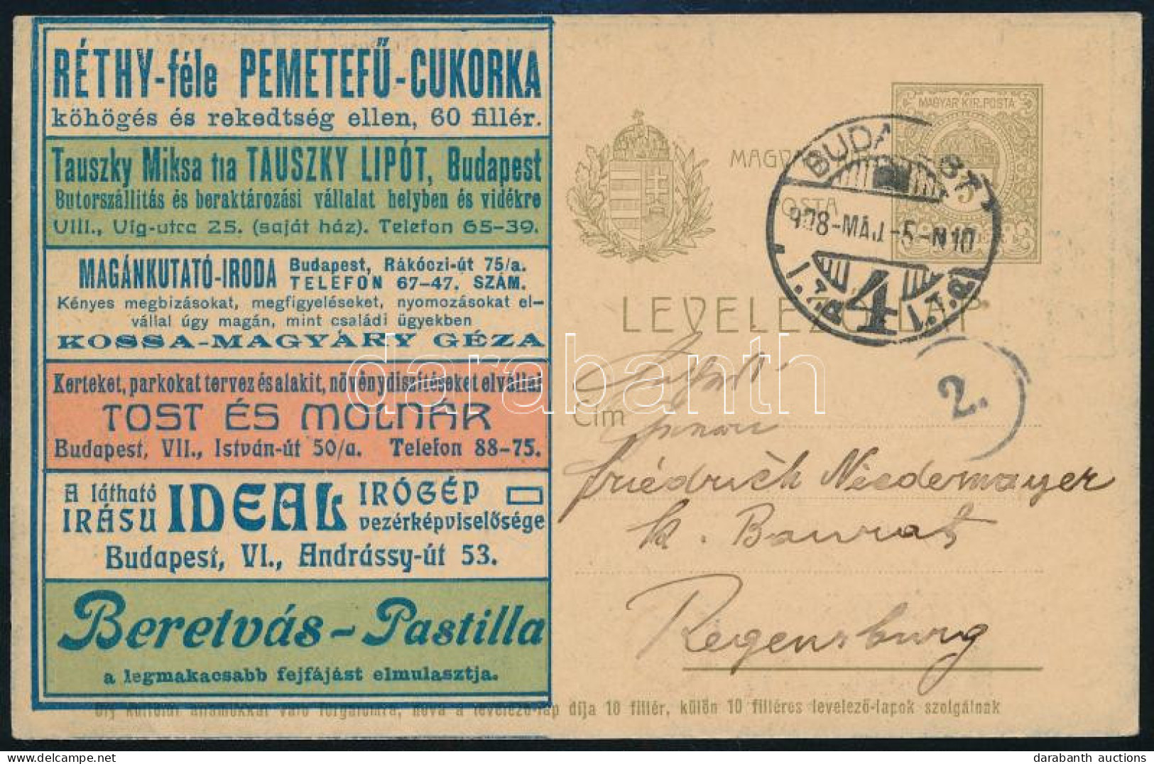 1908 Hirdetéses Levelezőlap Budapestről Regensburgba, Rigler 6 (Hodobay 150.000) / Advertising PS-card To Regensburg - Otros & Sin Clasificación