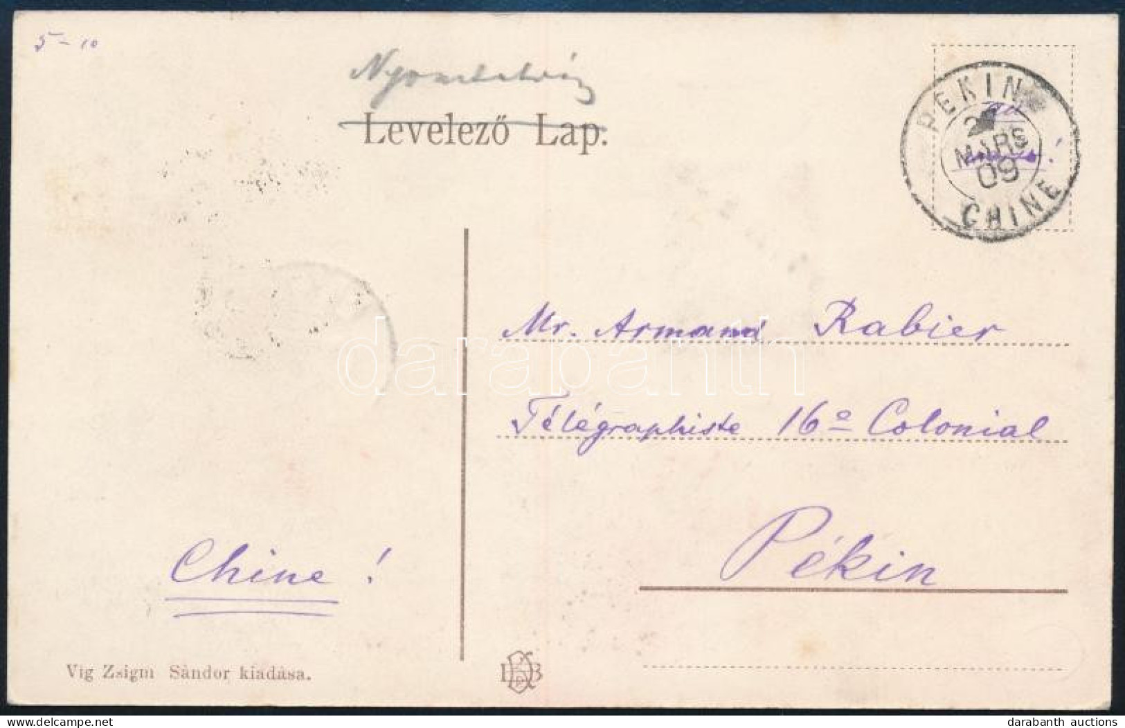 1909 TCV Képeslap Turul 5f Bérmentesítéssel Nyomtatványként Kínába Küldve / TCV Postcard Used As Printed Matter To Pekin - Autres & Non Classés