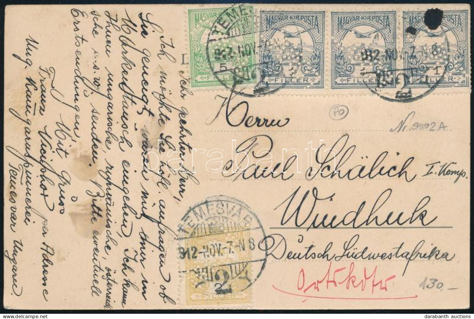 1912 Temesvári Képeslap 5 Db "FONAL" Céglyukasztású Turul Bélyeggel Délnyugat-Afrikába Küldve / Postcard With 5 Perfin S - Other & Unclassified