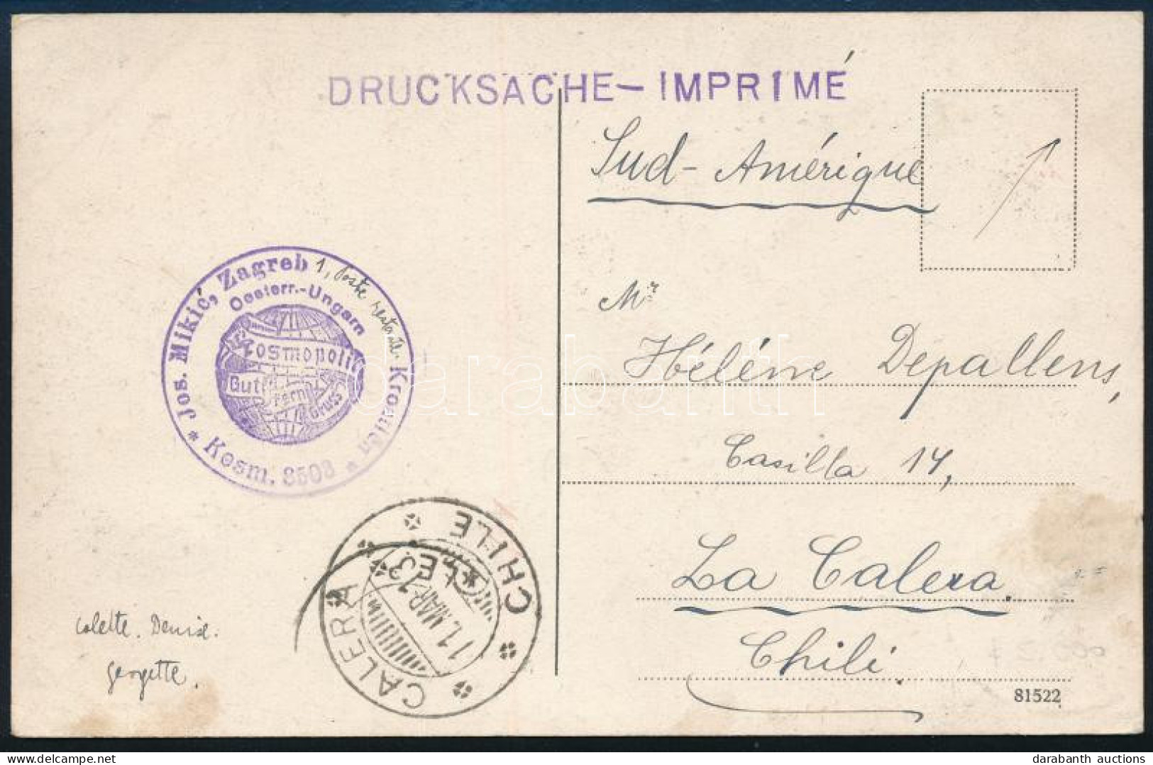 1913 TCV Képeslap Turul 2f és 3f Bérmentesítéssel Nyomtatványként Chilébe Küldve / TCV Postcard Used As Printed Matter T - Otros & Sin Clasificación