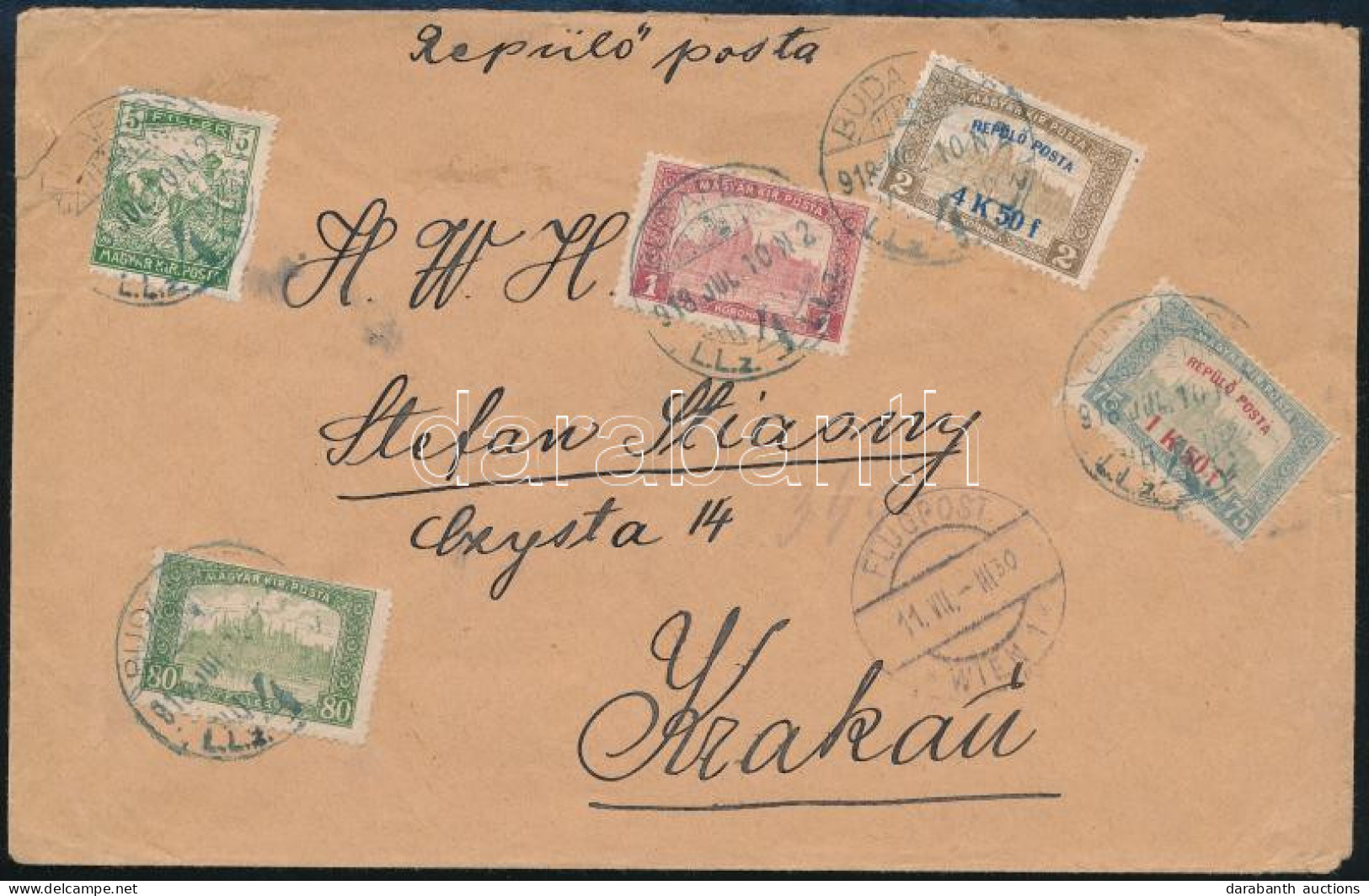 1918.07.10. Légi Levél Repülőposta Sorral Krakkóba / Airmail Cover With Mi 210-211 "BUDAPEST" - "WIEN" - "KRAKAU" - Otros & Sin Clasificación