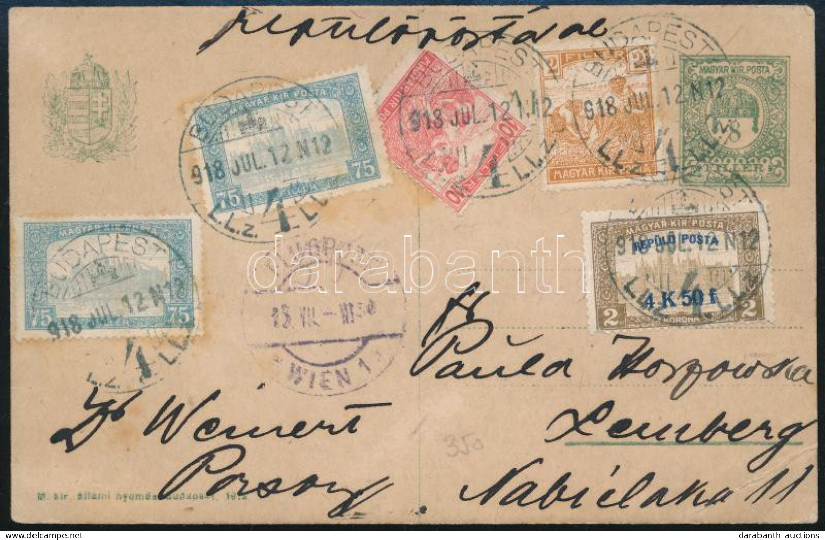 1918.07.12. Légi Díjkiegészített Díjjegyes Levelezőlap Repülőposta Bélyeggel / Airmail PS-card With Mi 211 And 4 Other S - Altri & Non Classificati