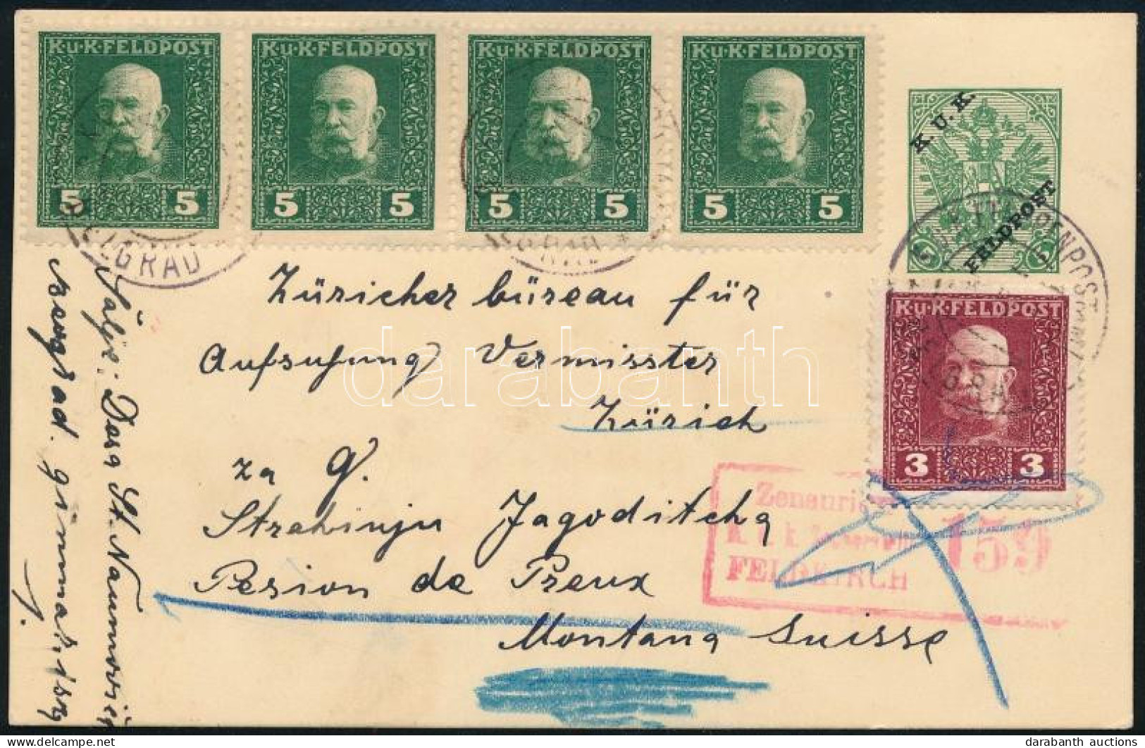 1917 Díjjegyes Levelezőlap 5 Bélyeggel Díjkiegészítve Svájcba, Cenzúrázva / Censored PS-card With 5 Stamps Additional Fr - Sonstige & Ohne Zuordnung