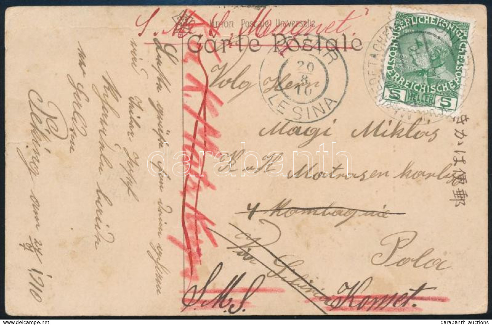 1910 Képeslap 5h Bérmentesítéssel Pekingből A Bokszerlázadás Időszakából Osztrák Hadihajóról Küldve / Postcard With 5h F - Altri & Non Classificati