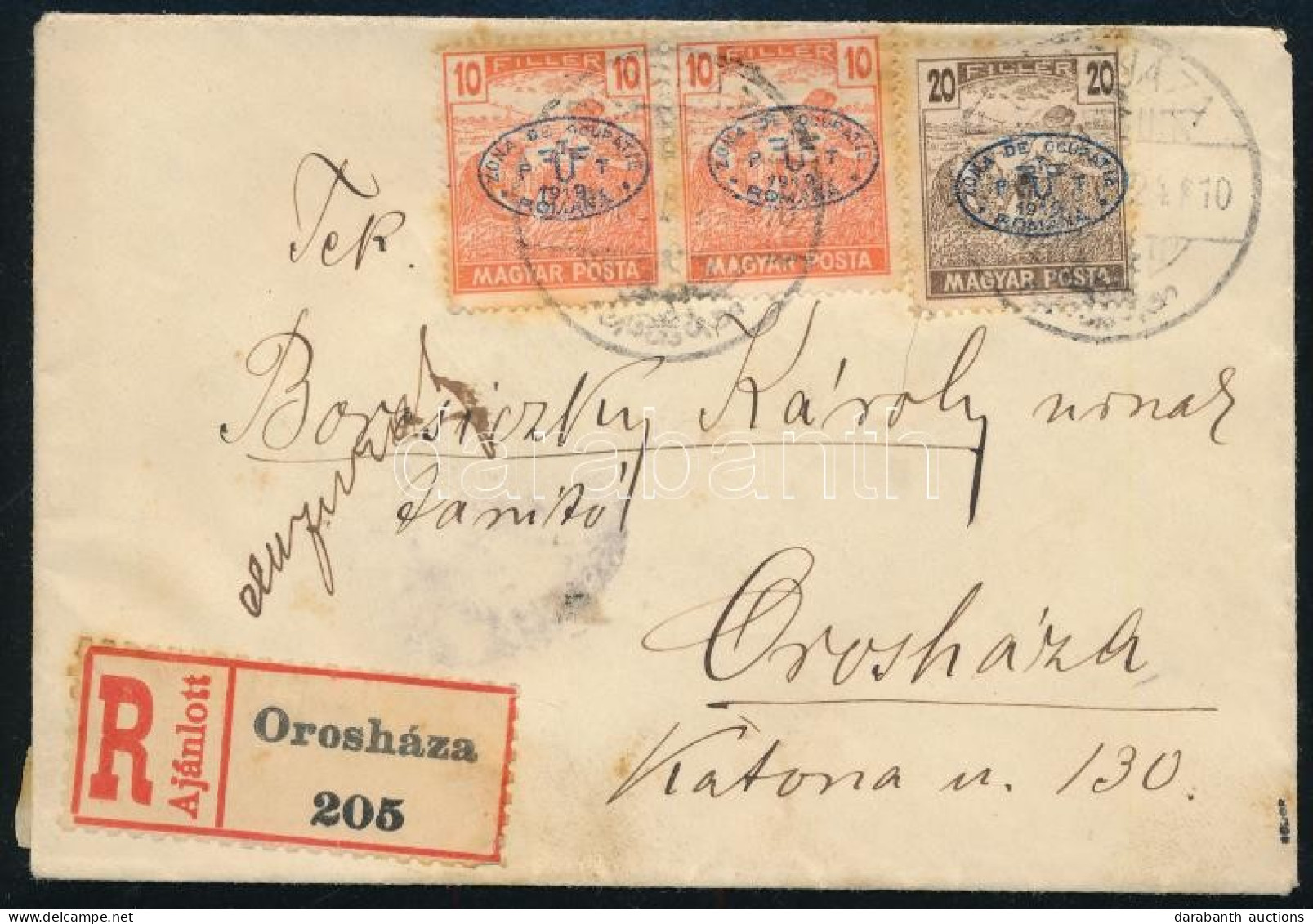 1919 Orosházán Feladott Helyi Ajánlott Levél 8 Db Debreceni Bélyeggel / Registered Local Cover With 8 Stamps. Signed: Bo - Altri & Non Classificati