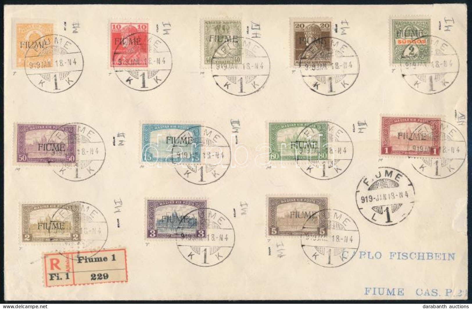 Fiume 1918 Ajánlott Futott Levél 12 Klf Fiume Bélyeggel Bérmentesítve / Registered Cover With 12 Stamps. Certificate: Bo - Other & Unclassified