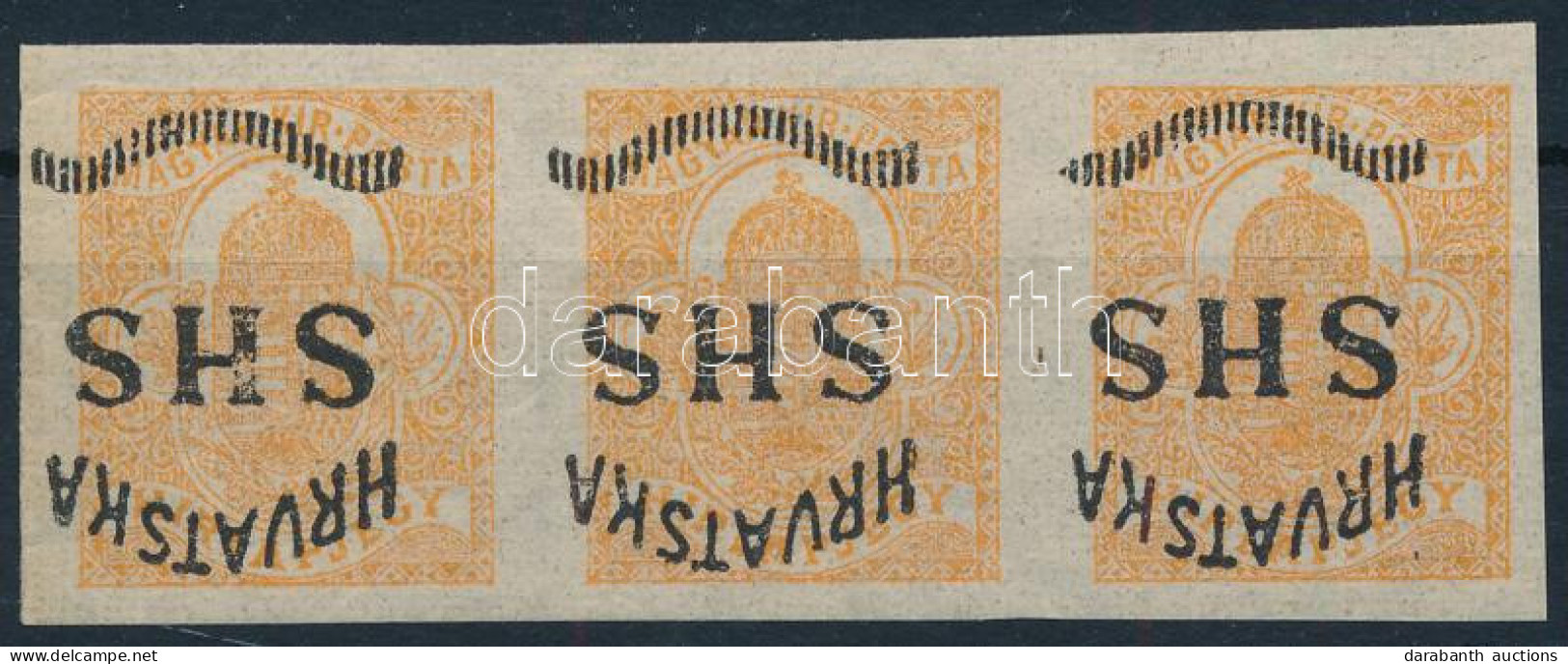 ** SHS 1918 Hírlapbélyeg Hármascsík Fordított Felülnyomással / Mi 57 Stripe Of 3 With Inverted Overprint. Signed: Bodor - Andere & Zonder Classificatie