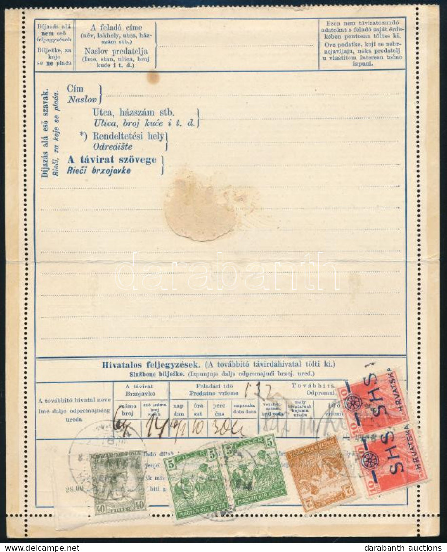 SHS 1919 62f Kétnyelvű Táviratlap 6 Db Bélyeggel, Ebből 2 Db SHS. Kiállítási Darab! / 62f Bilingual PS-telegram With Mix - Other & Unclassified