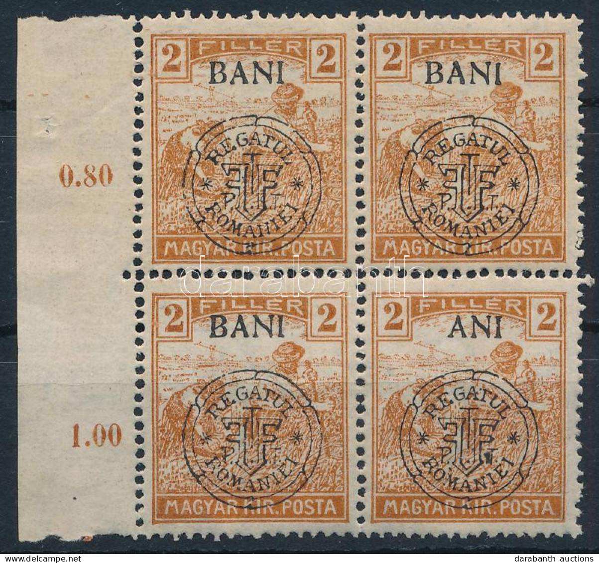 ** Kolozsvár 1919 Arató 2f ívszéli Négyestömb, Benne "ANI" Lemezhiba / Mi 26 I. Margin Block Of 4 With Plate Variety. Si - Autres & Non Classés