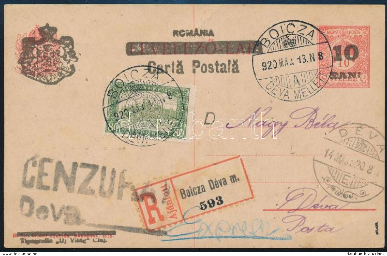 Kolozsvár 1920 Ajánlott Expressz Levelezőlap 80f Kiegészítéssel, Cenzúrázva / Registered Express Postcard With Censorshi - Sonstige & Ohne Zuordnung