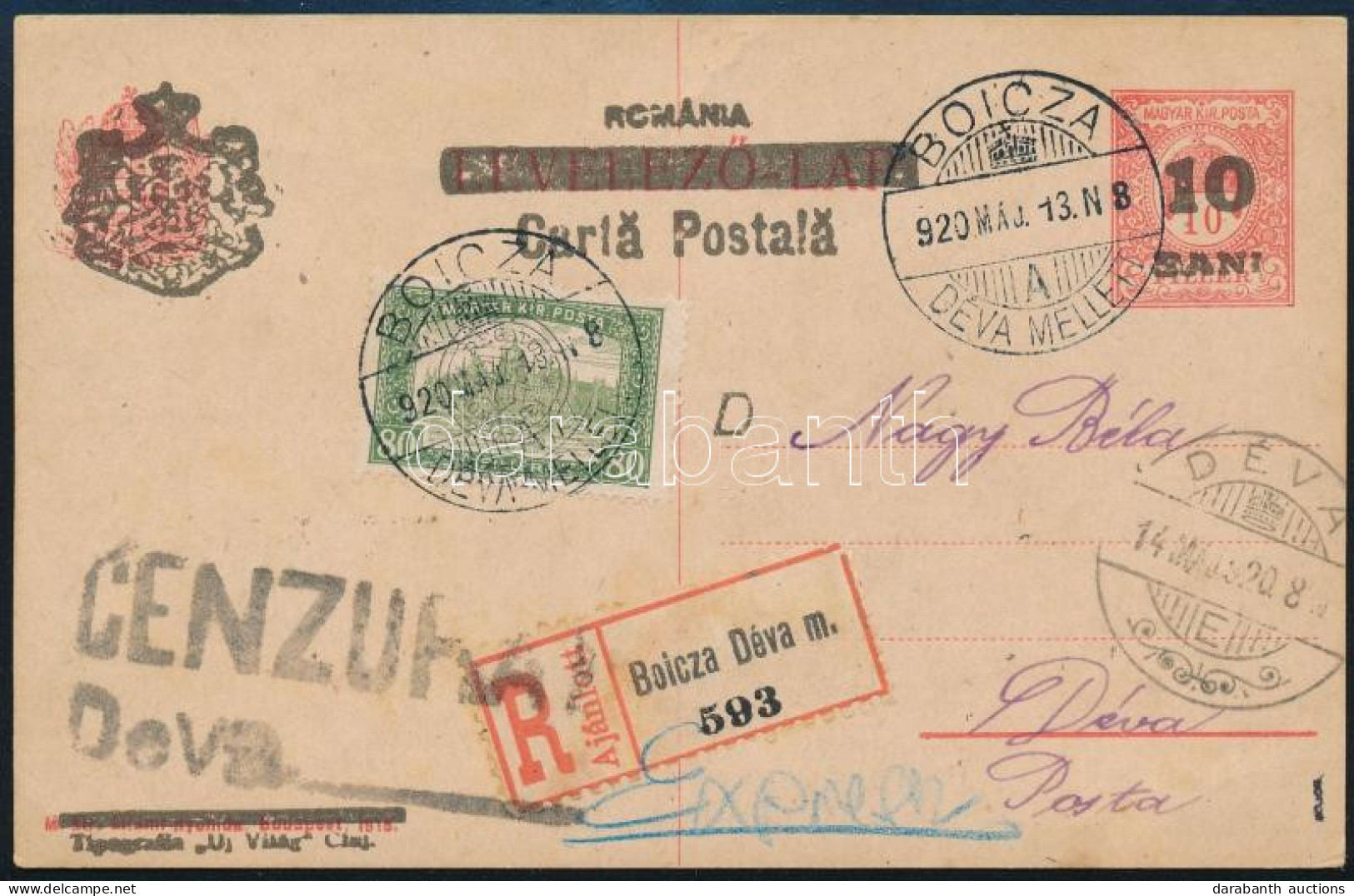 Kolozsvár 1920 Ajánlott Expressz Levelezőlap 80f Kiegészítéssel, Cenzúrázva / Registered Express Postcard With Censorshi - Altri & Non Classificati