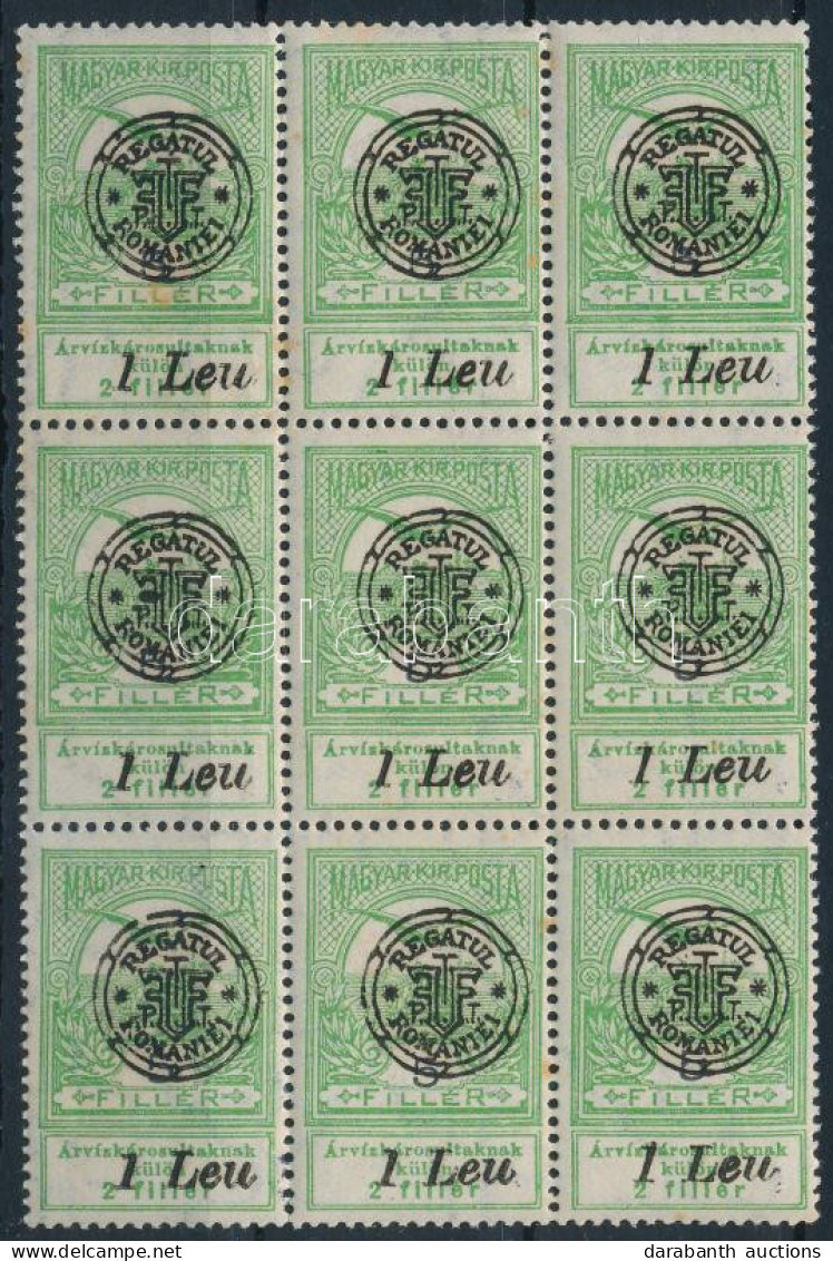 ** Nagyvárad 1919 Árvíz 1L/5f 9-es Tömb Részleges Kettős Felülnyomással / Mi 4 II Block Of 9 Partial Double Overprint. S - Sonstige & Ohne Zuordnung