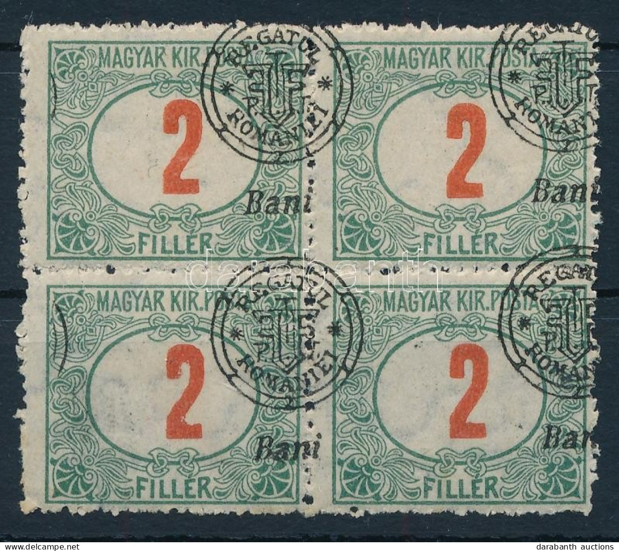 ** Nagyvárad 1919 Portó 2f 4-es Tömbben Eltolódott Felülnyomással / Mi P3 II. Block Of 4 With Shifted Perforation. Signe - Autres & Non Classés