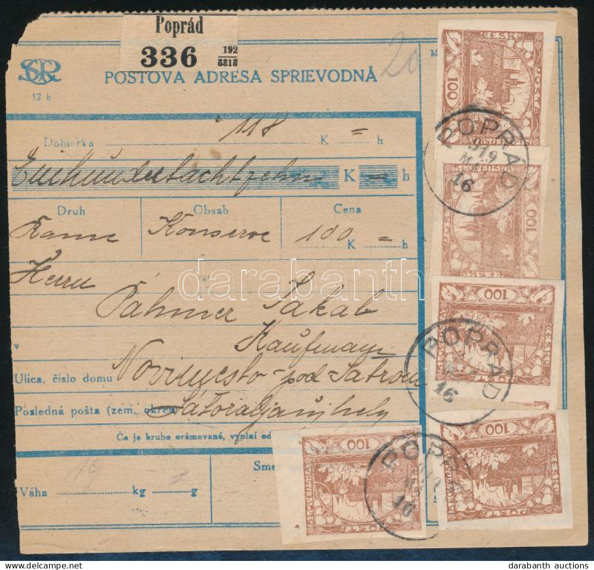 1919 Csehszlovák Csomagszállító 9 Db Csehszlovák Bélyeggel Poprádról Sátoraljaújhelyre / Czechoslovak Parcel Card With 9 - Other & Unclassified