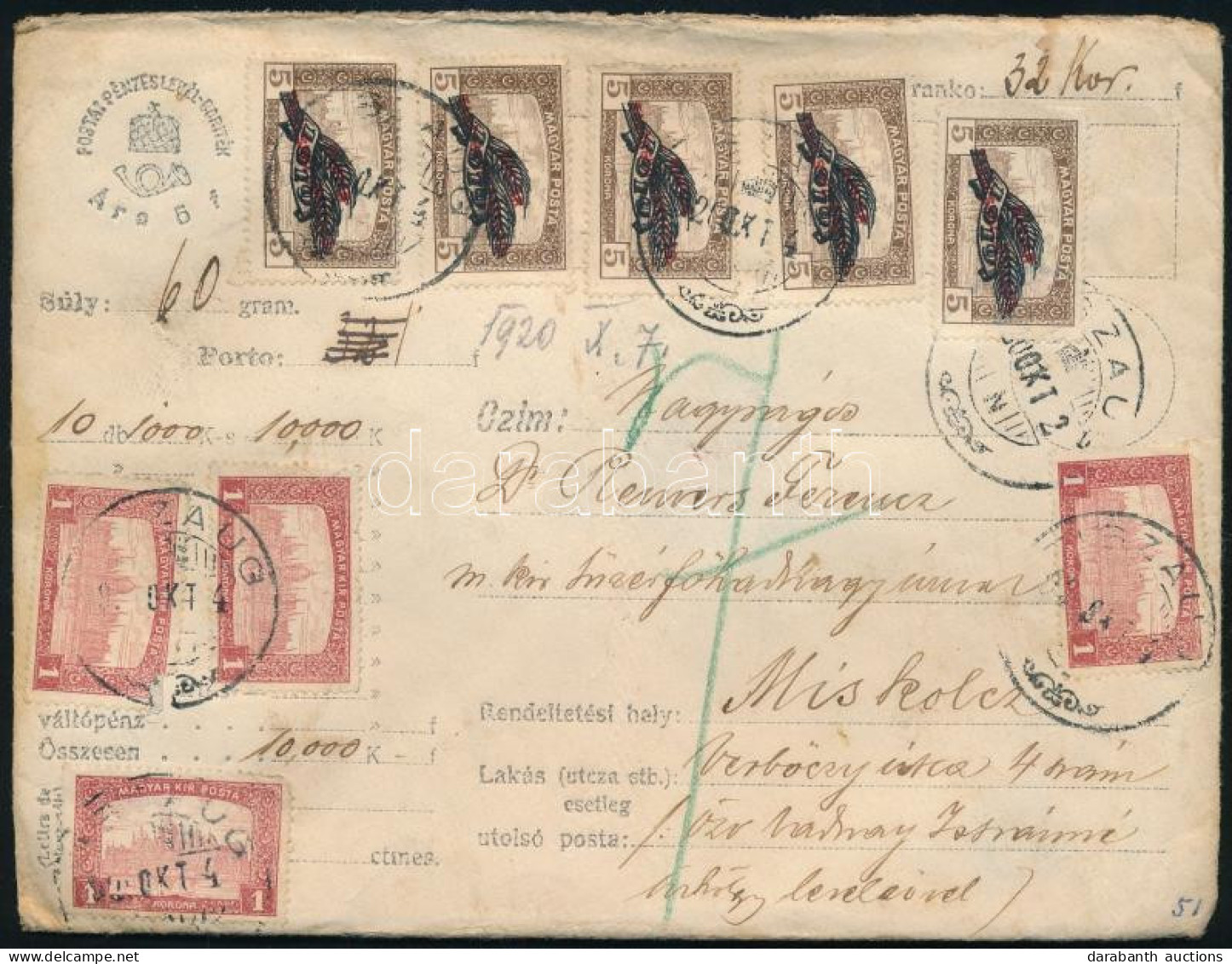 1920 Pénzes Levél 14 Db Bélyeggel, 32K Bérmentesítéssel Miskolcra (1 Bélyeg Sérült) / Insured Cover With 14 Stamps (1 St - Otros & Sin Clasificación