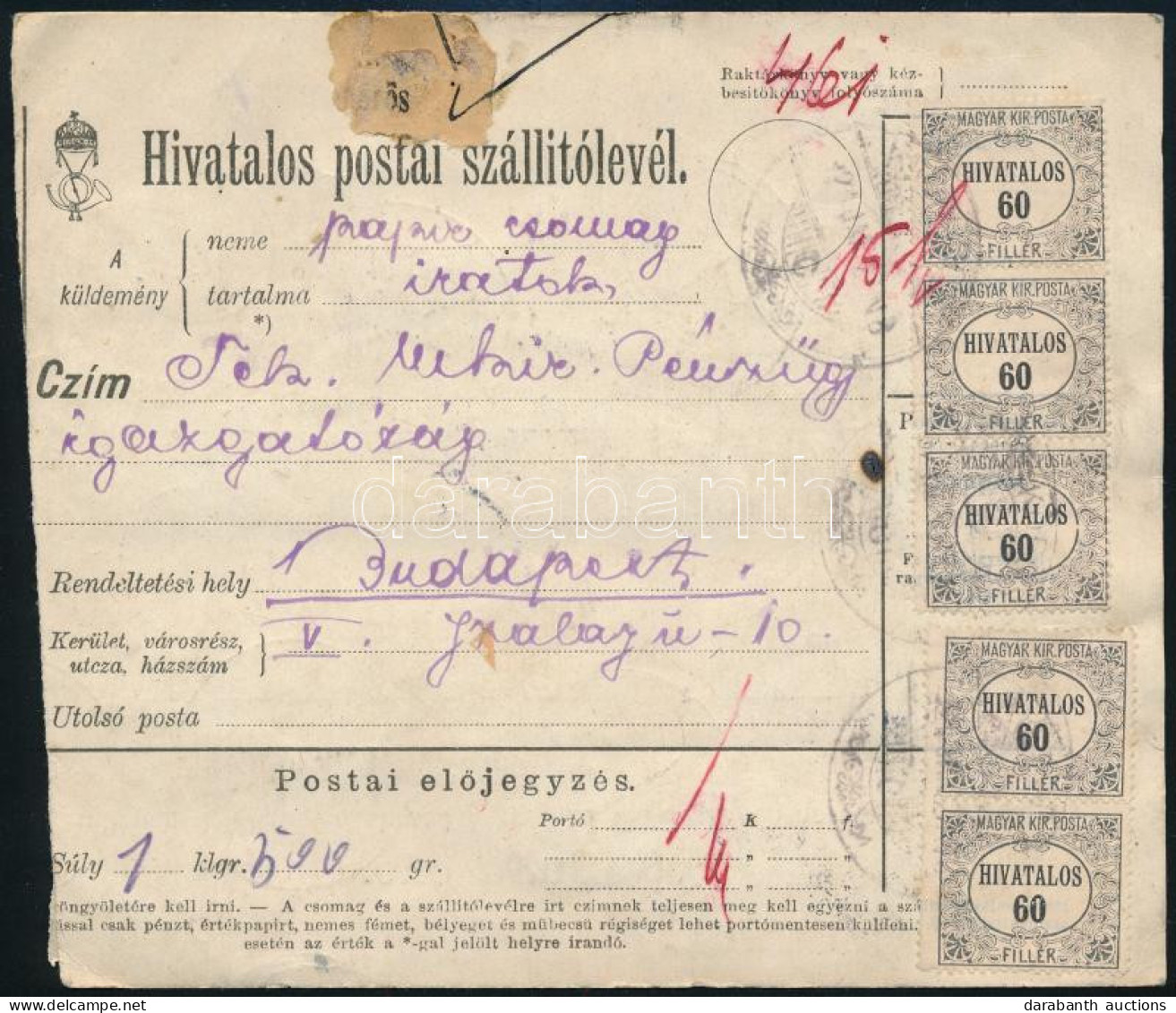 1921 Hivatalos Postai Szállítólevél 27 Db Hivatalos Bélyeggel, Közte Hármaslyukasztások (2 Bélyeg Sérült) / Parcel Card  - Other & Unclassified