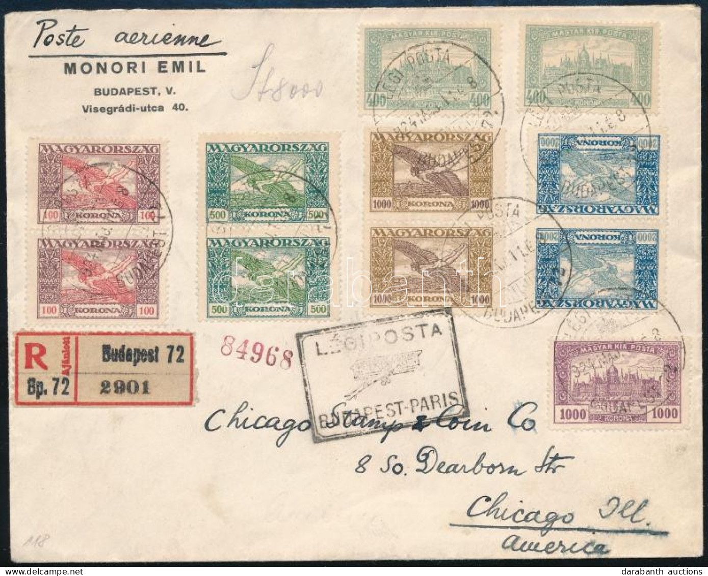 1924 Ajánlott Légi Levél Párizson Keresztül Chicagoba / Registered Airmail Cover To Chicago Via Paris - Other & Unclassified